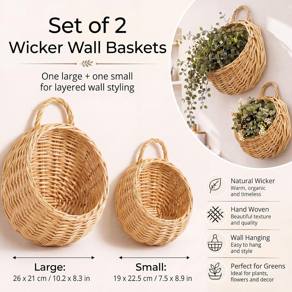 Chumia 2 Pack Wicker Hanging Basket 14" and 8" Handmade Woven Wall Hanging Basket for Plant Decorative Boho Mounted