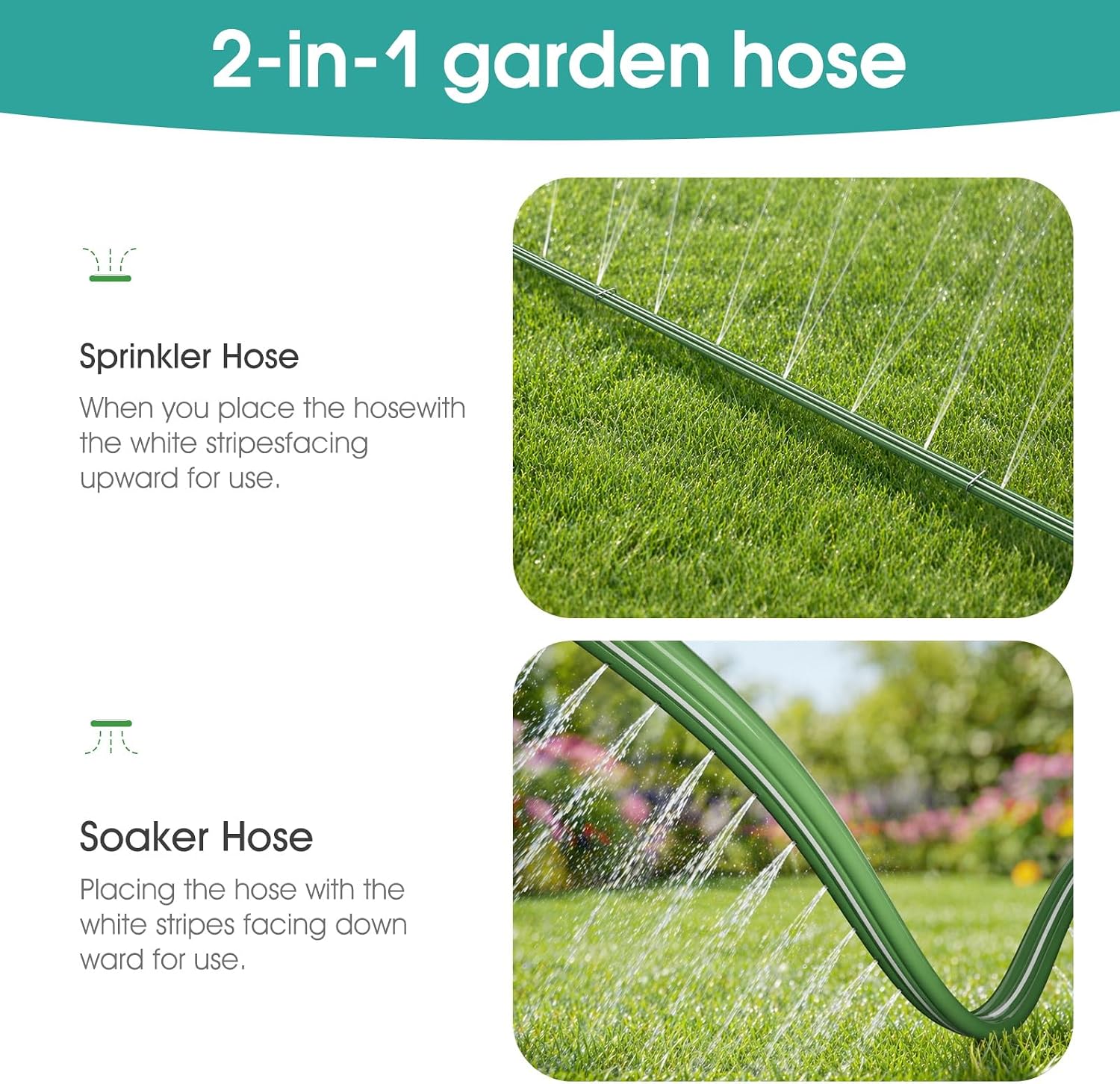 50 FT Soaker Hose for Garden Lawn, Water Saving Sprinkler Hose | Flat Irrigation Hose with 10 Stakes, Multi Directional