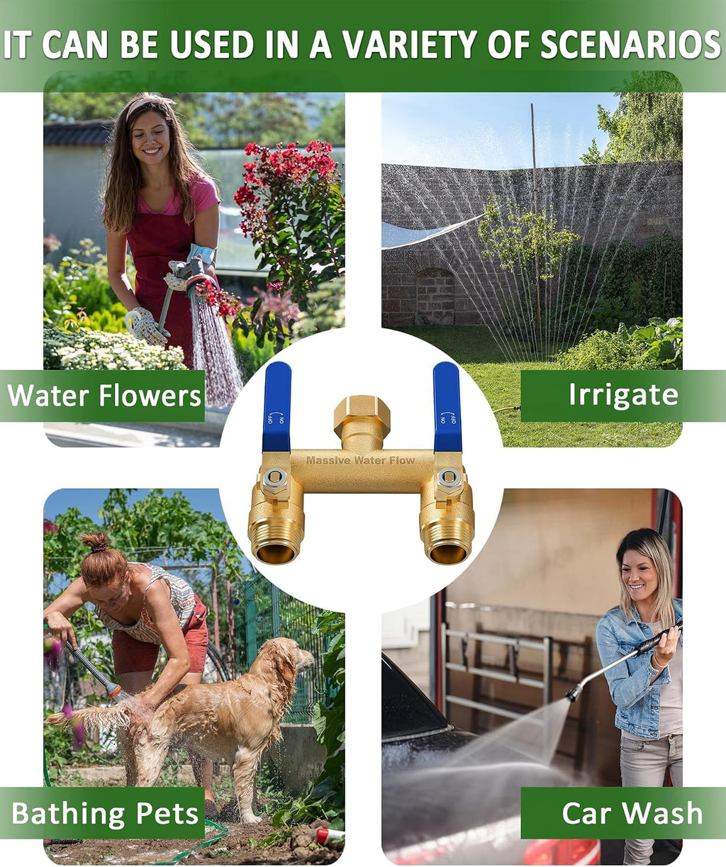 Hose Splitter 2 Way Heavy Duty, Full Flow Garden Hose Splitter with 2 Long Metal Handles, Brass Rust and Freeze