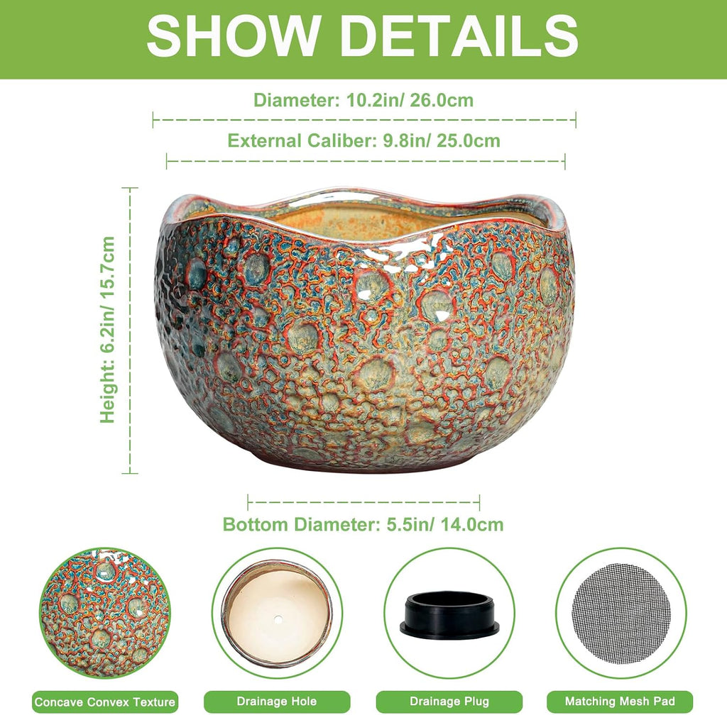 10 Inch Plant Pot - Ceramic Planter with Drainage Hole and Plug, Unique Round Planters for Indoor Outdoor Plants