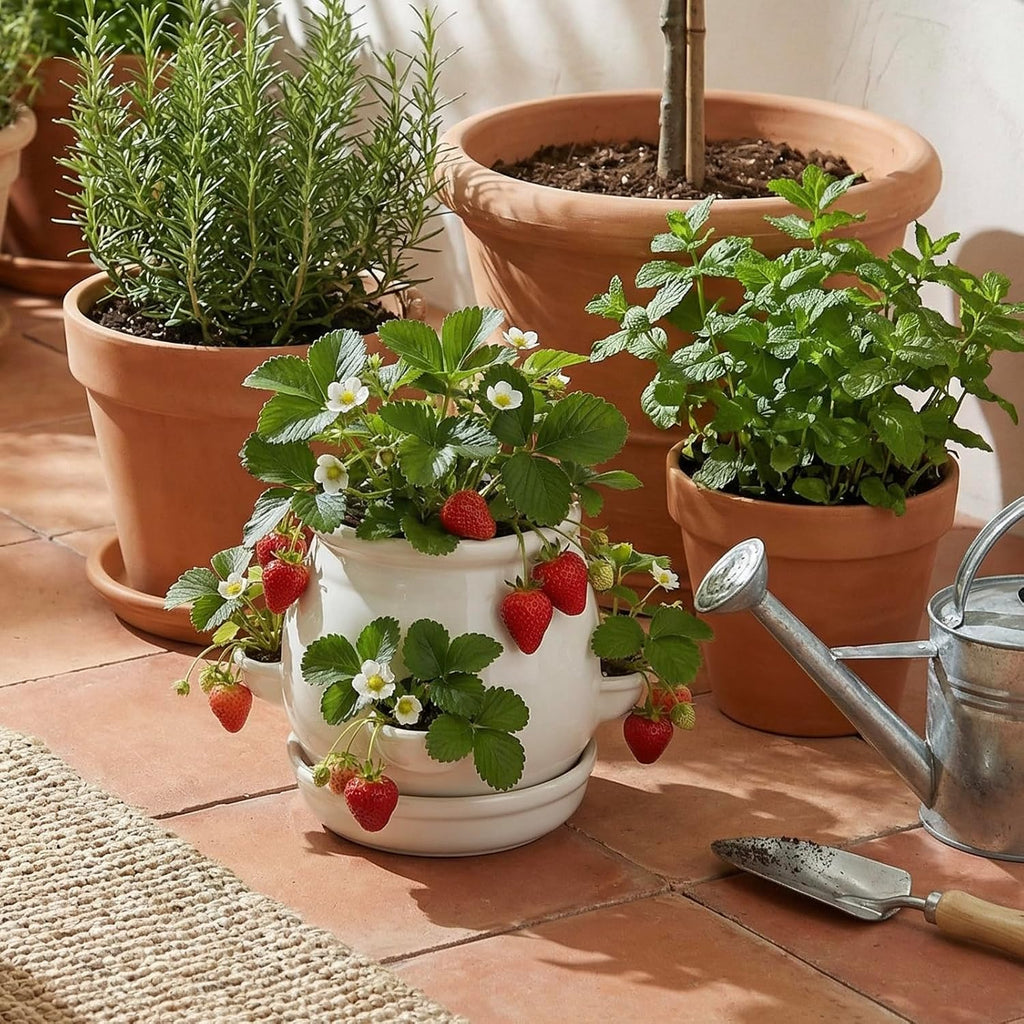 MyGift White Ceramic Plant Pot, Flower Strawberry Planter with Saucer and 4 Decorative Side Openings Design