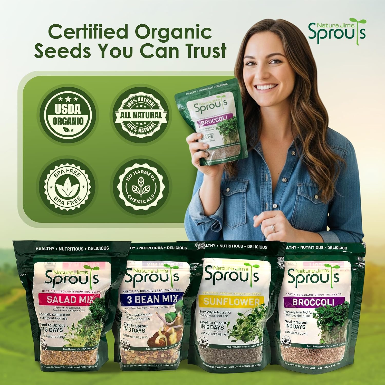 Nature Jims Organic Broccoli Sprout Seeds and Organic Salad Mix Seeds, Microgreens Variety for Healthy Indoor or