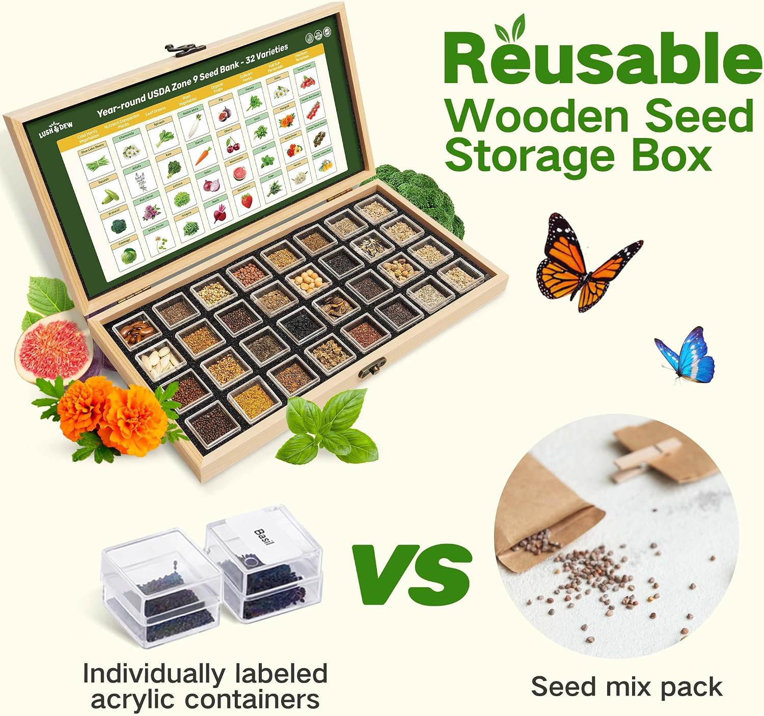 Lush&Dew Zone 9 Seed Bank, Gardening Gifts for Women Men, 32 Type USA Seeds | Non-GMO Heirloom Seeds for Planting