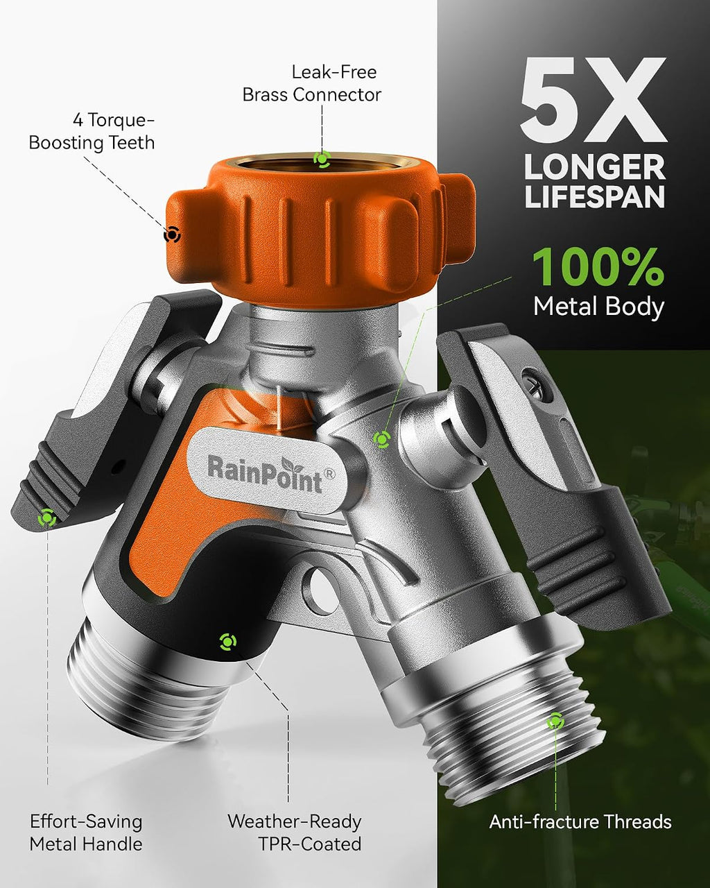 RAINPOINT Garden Hose Splitter 2 Way, All Metal Heavy Duty Water Hose Y Splitter With 2.05" Extra Long Side Handle &