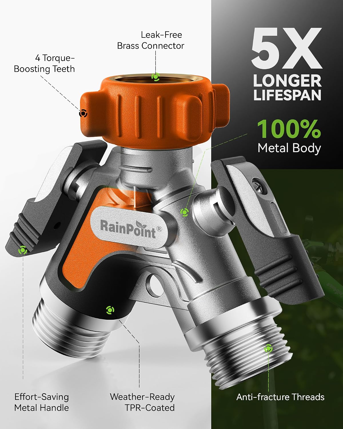 RAINPOINT Garden Hose Splitter 2 Way, All Metal Heavy Duty Water Hose Y Splitter With 2.05" Extra Long Side Handle &