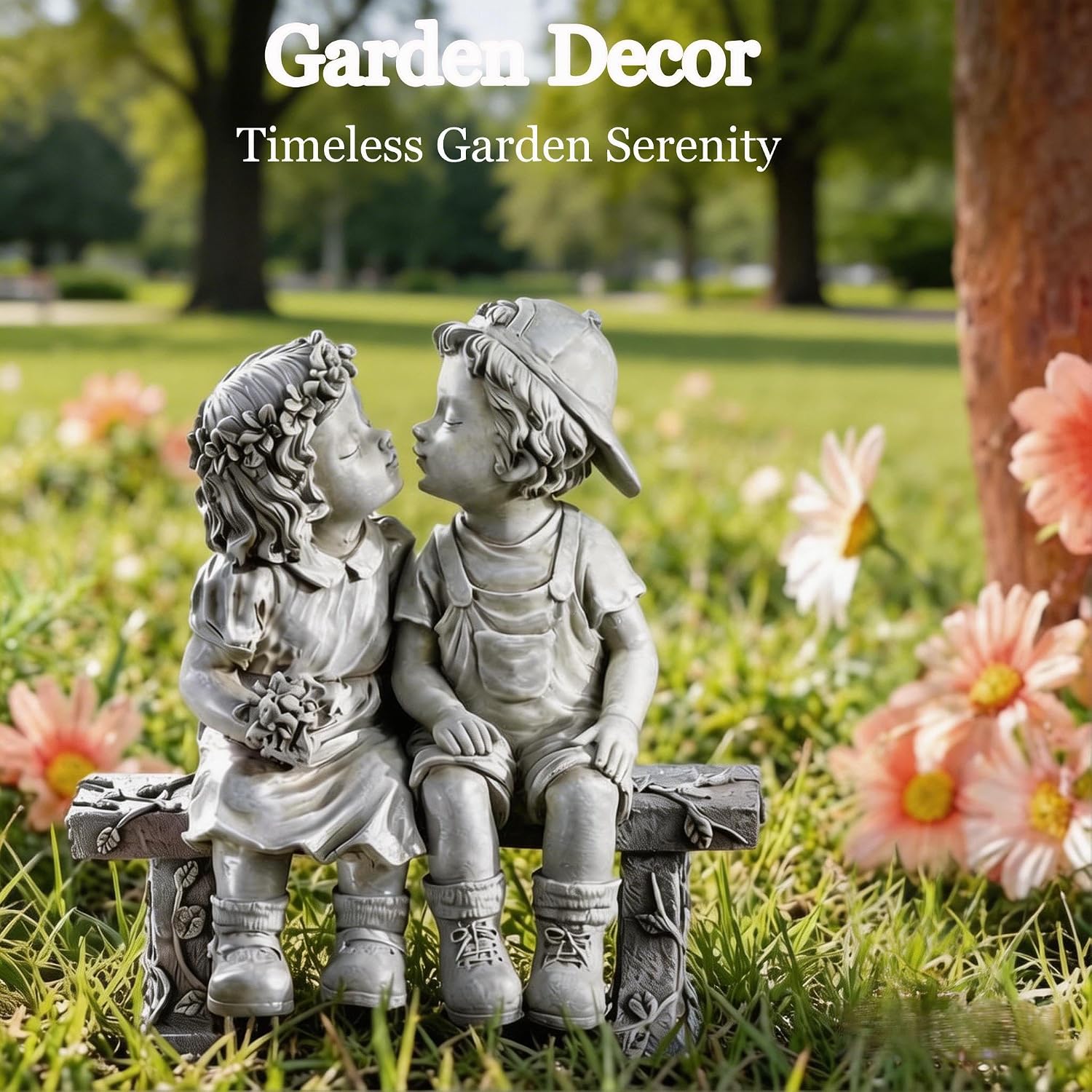 Garden First Kiss Outdoor Statue Decorative, Flower Bed Decor Puppy Love Kissing Couple,Boy and Girl Kissing Garden