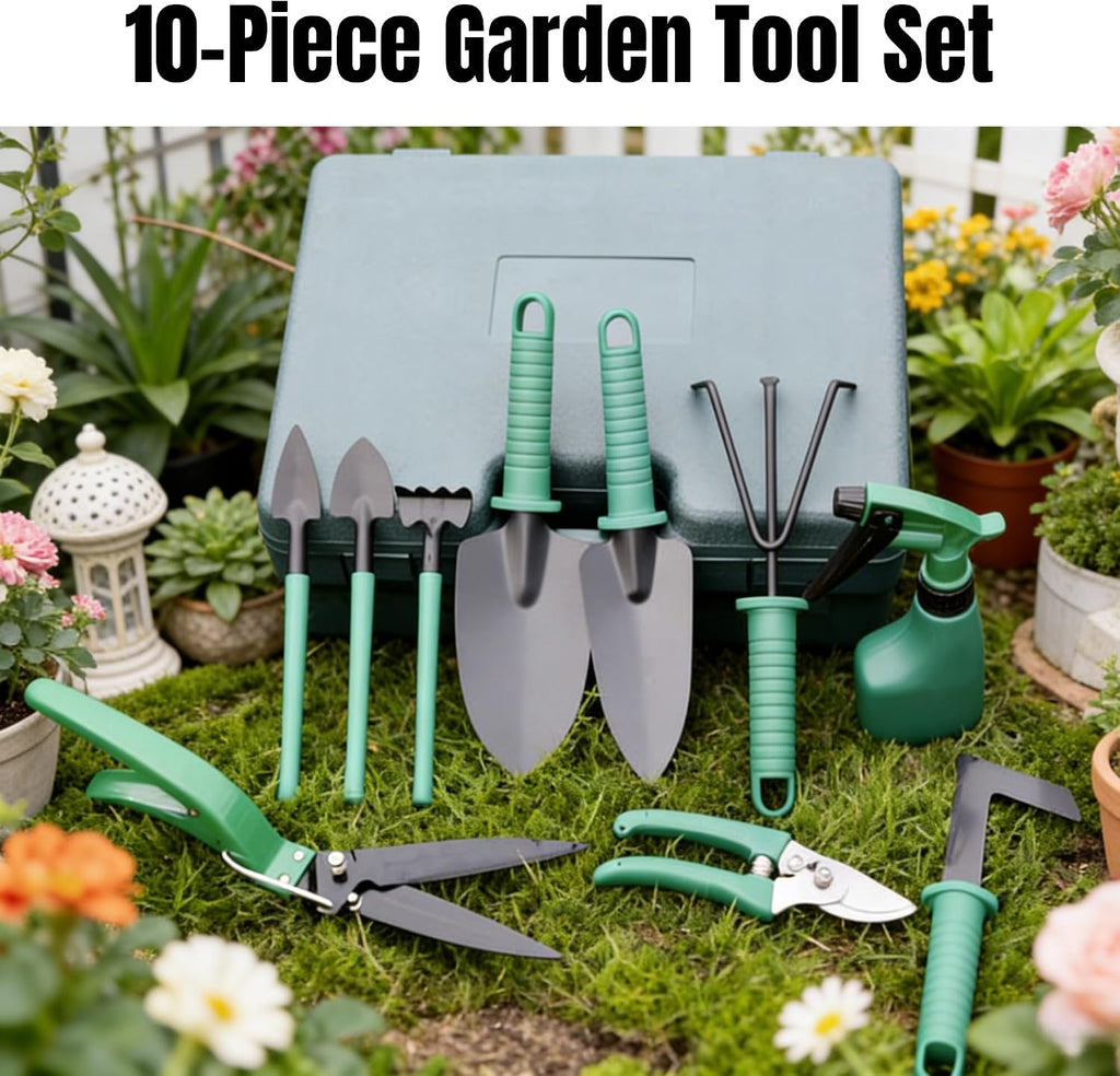 10-Piece Garden Tools Set - Heavy Duty Hand Gardening Kit: Shovel, Pruners, Trowel, Rake for Plant Care, Bonsai