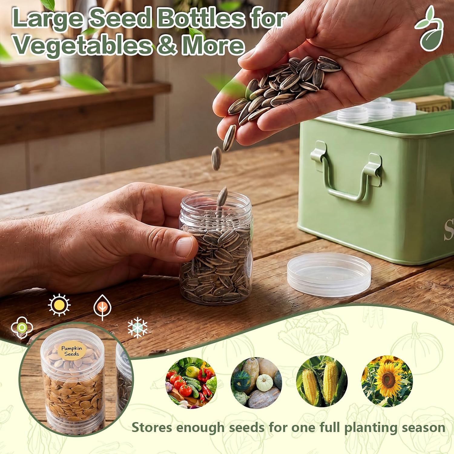Seed Storage Organizer with Strap, 10 Large & 30 Small Bottles, Dual Locks | 70 Labels and 60 Seed Envelopes.Zinc Alloy