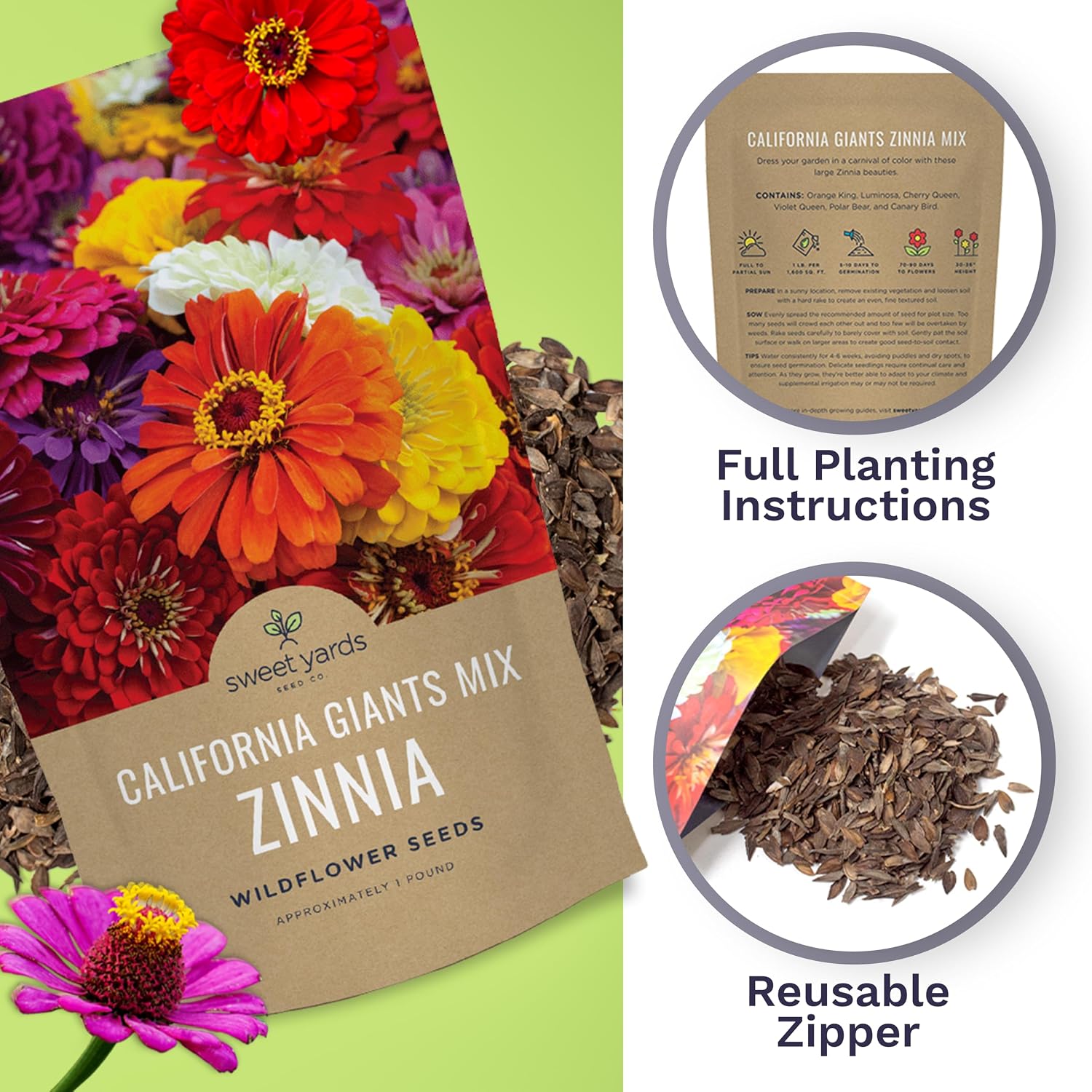 Bulk Zinnia Seeds - California Giants Mix - 5 Pounds - Over 240,000 Flower Seeds - Mixed Colors and Large Blooms