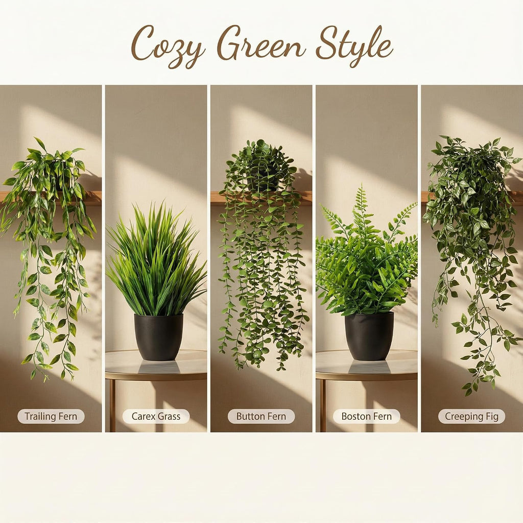 5 Pack Fake Plants - Artificial Hanging Plants & Small Potted Faux Eucalyptus Fern Ivy, UV Resistant Maintenance-Free