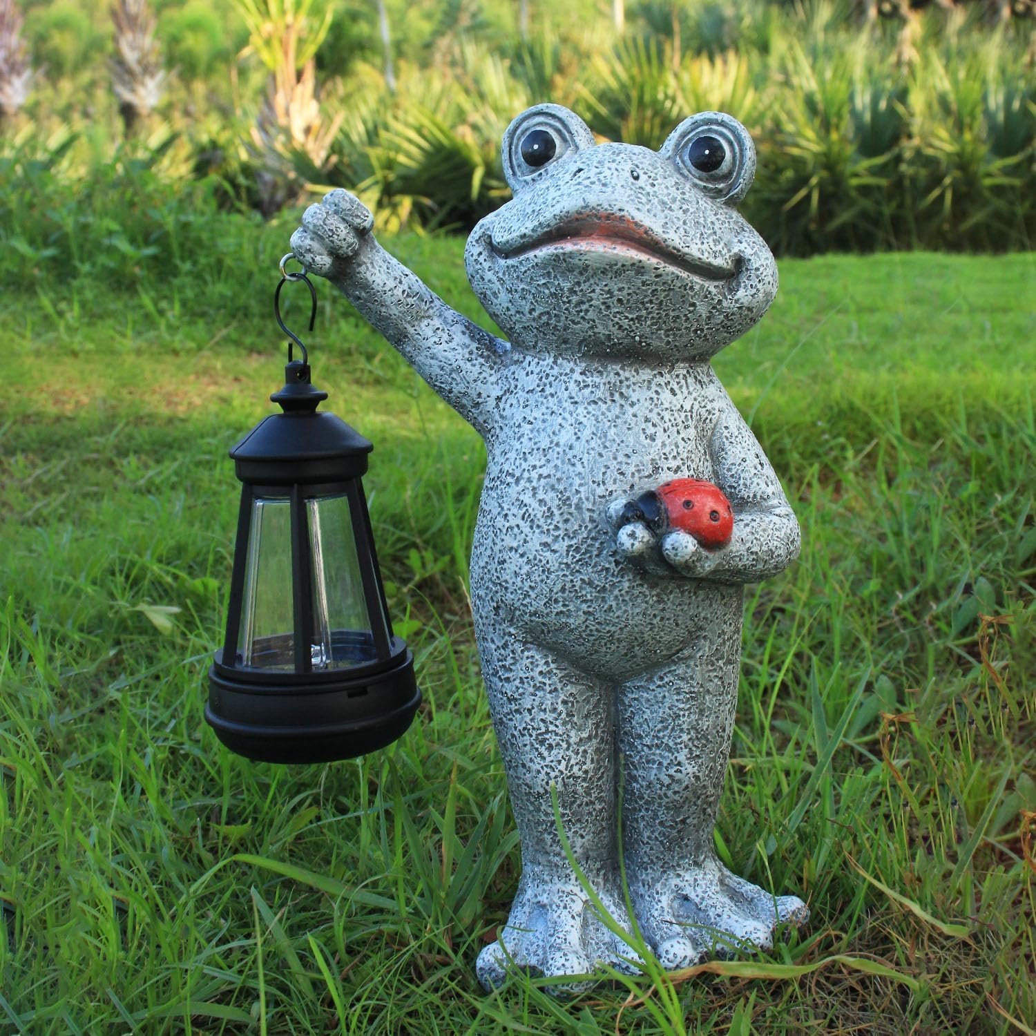 Solar Frog Garden Statue, Resin Figurine with Ladybug & Hanging Solar Lantern Outdoor Decor
