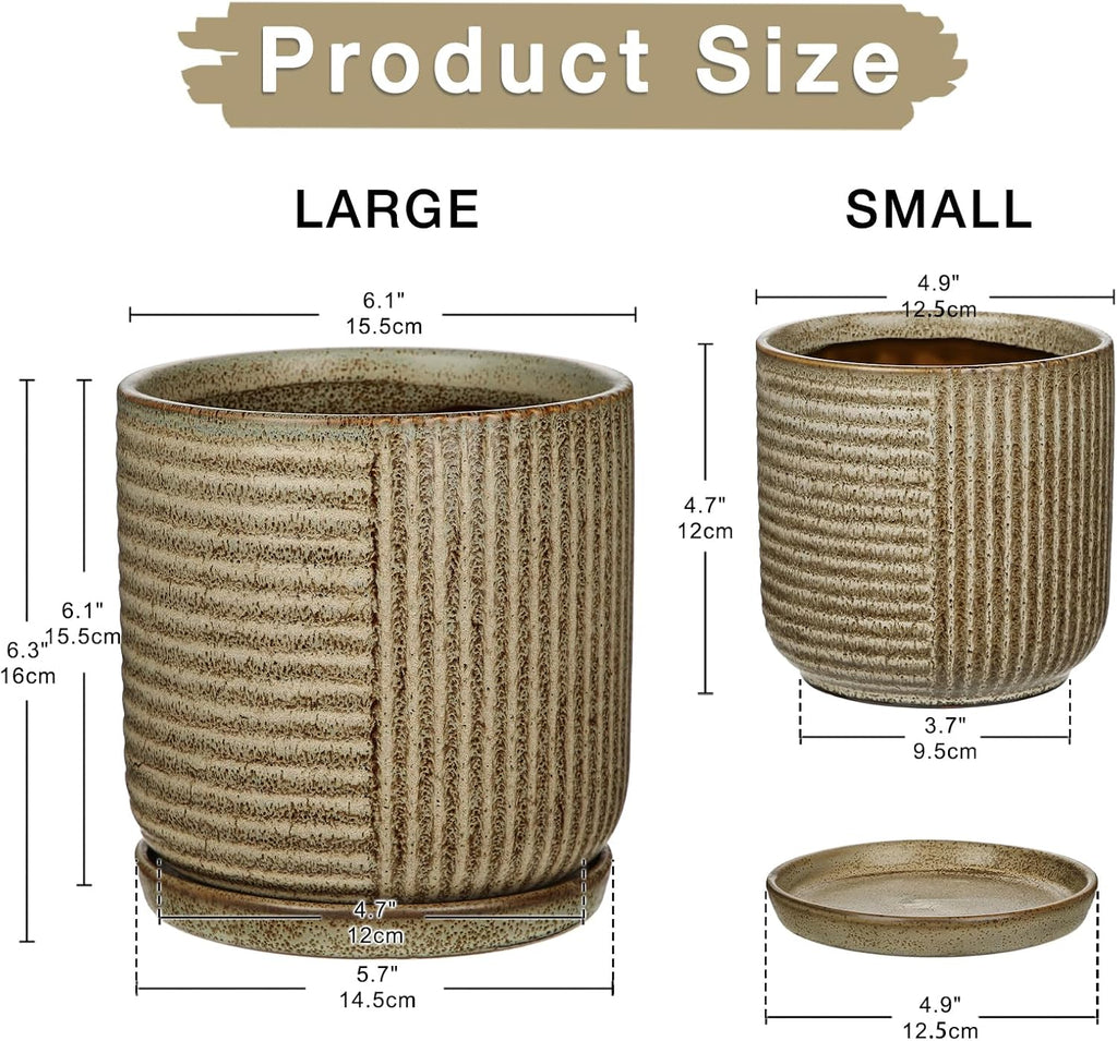 Oairse Ceramic Pots for Indoor Plants, 6.1 +4.9 inch Pots for Plants Set of 2 Brown Plant Pots with Drainage Holes and