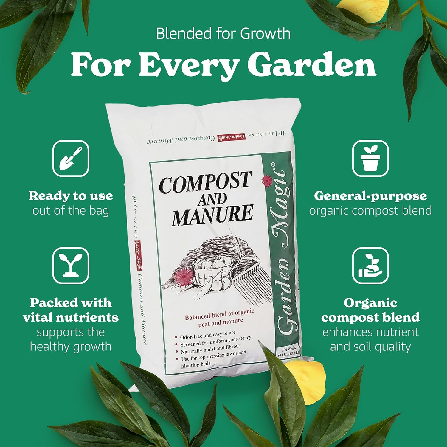 Michigan Peat 8-Pack Compost and Manure Blend, Garden Magic Mix w/Odor-Free Blend, 40 Lbs - Outdoor Lawn and Gardening