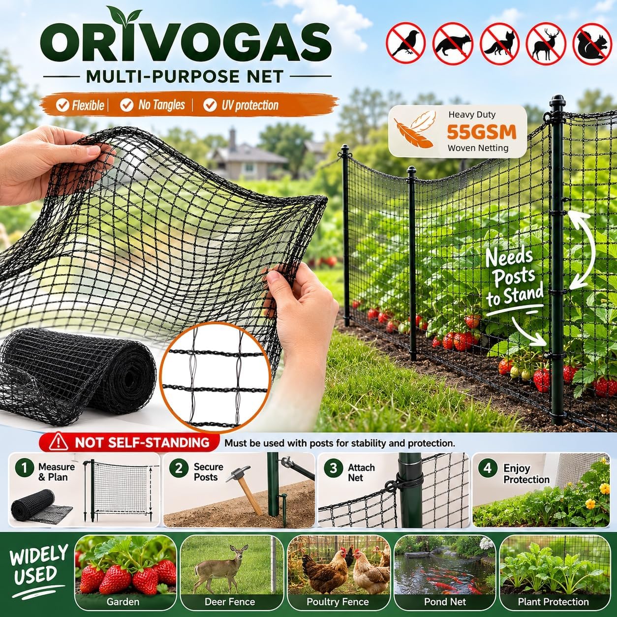 Plastic Mesh Fence Deer Fencing 4x75ft,Reinforced Edges,55gsm Heavy Duty Temporary Fence,Ideal for Garden