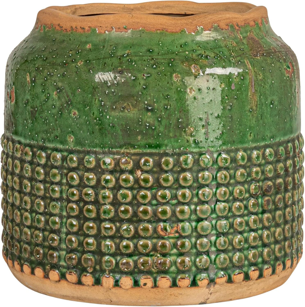 Creative Co-Op Round Terra-Cotta Hobnail Planter Vase with Heavily Distressed Finish, Green