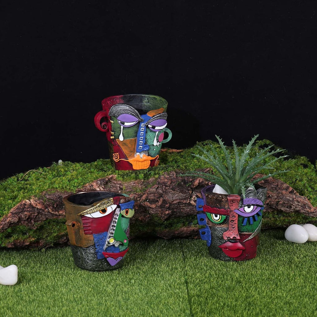 Mini Face Planters 3PC Set – Unique Resin Art Flower Pots for Succulents, Cacti & Small Plants – Decorative Funny Plant