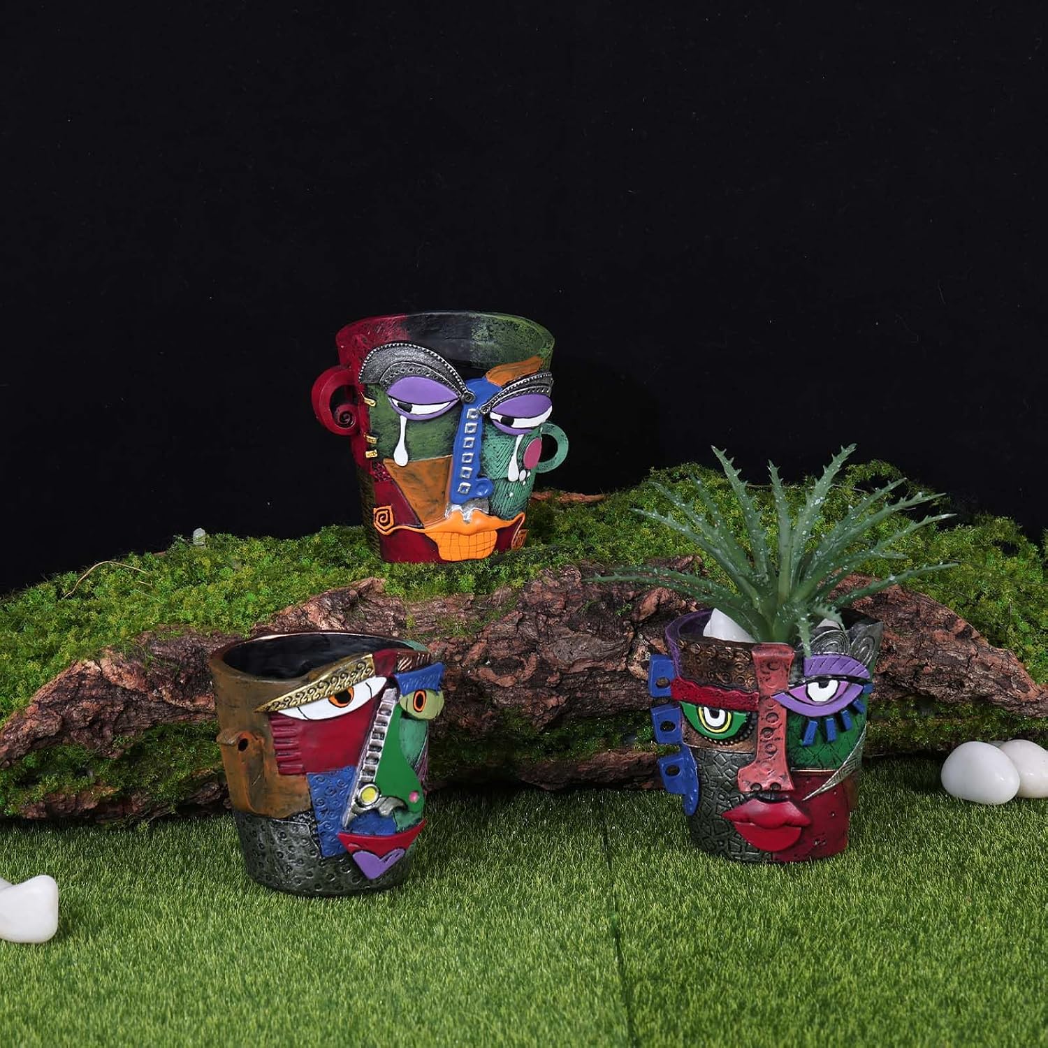 Mini Face Planters 3PC Set – Unique Resin Art Flower Pots for Succulents, Cacti & Small Plants – Decorative Funny Plant