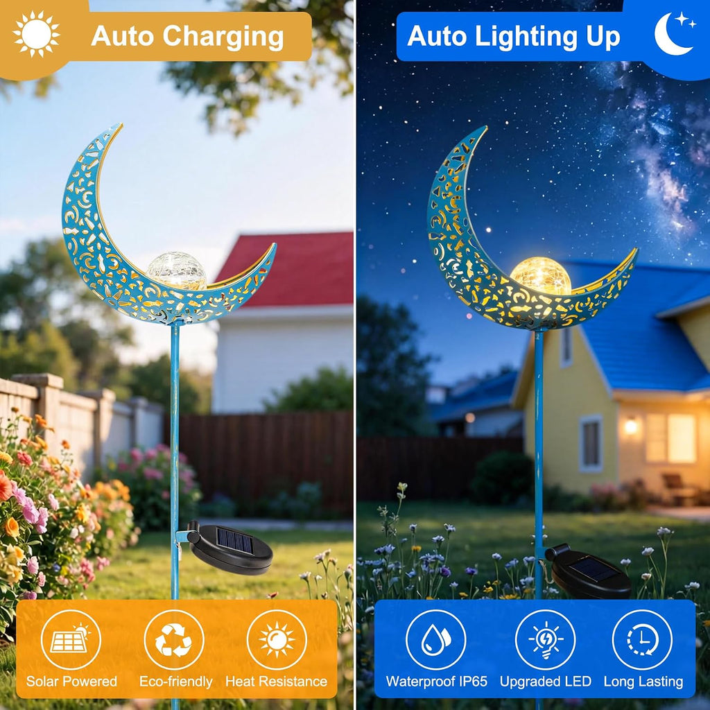 Moon Solar Garden Lights Outdoor Stakes, Waterproof Crackle Glass Metal Yard Lights for Lawn, Patio Accessories