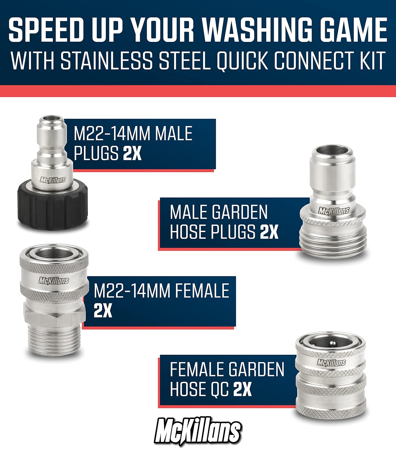 McKillans® M22-14mm Pressure Washer Quick Connect Kit, M22-14mm to 3/8" Male Female Quick Disconnect Kit for Power