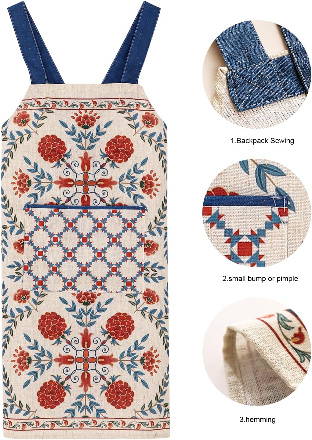 patdrea Blue Floral Linen Apron with Pocket,French Kitchen Garden Chef BBQ Aprons for Women and Men,Crisscross Back