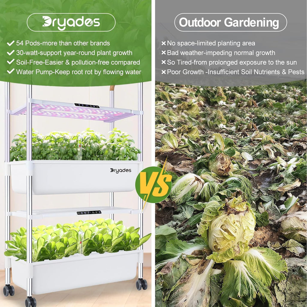 Indoor Hydroponic Growing System with 54 Pods Herbs Garden Kit with 30W Led Grow Light Large Movable 2-Layer
