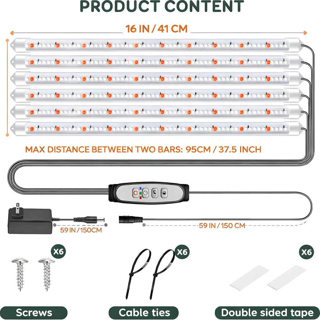 SDOVUERC 16'' 6 Bars Grow Light Strips for Indoor Plants with Auto ON/Off Timer 6/12/18H, 5 Dimmable Levels for Shelves