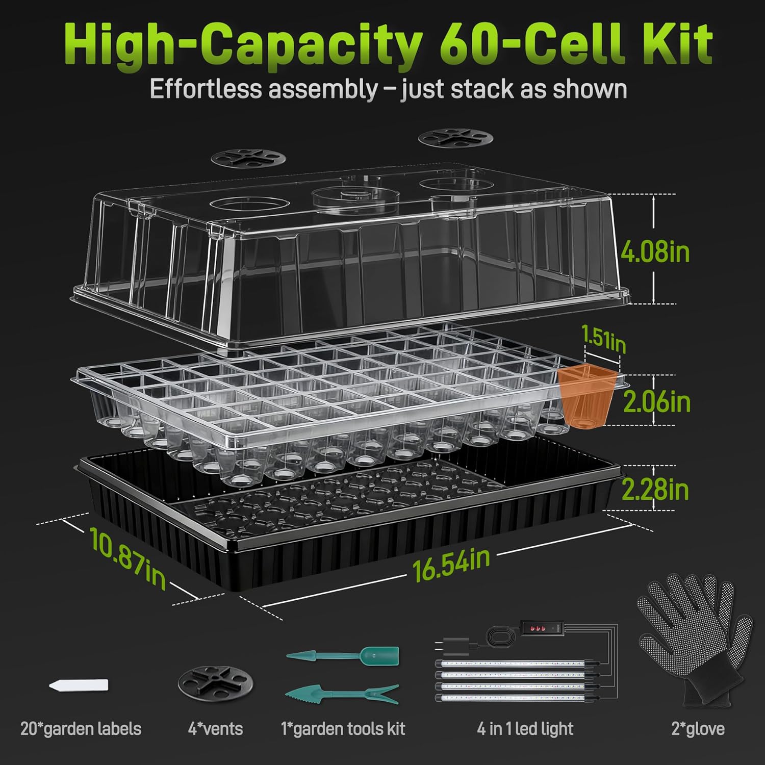 Mulctun 120-Cell Seed Starter Tray with Grow Light, Seedling Starter Trays with 4.08" Humidity Dome, Self-Watering