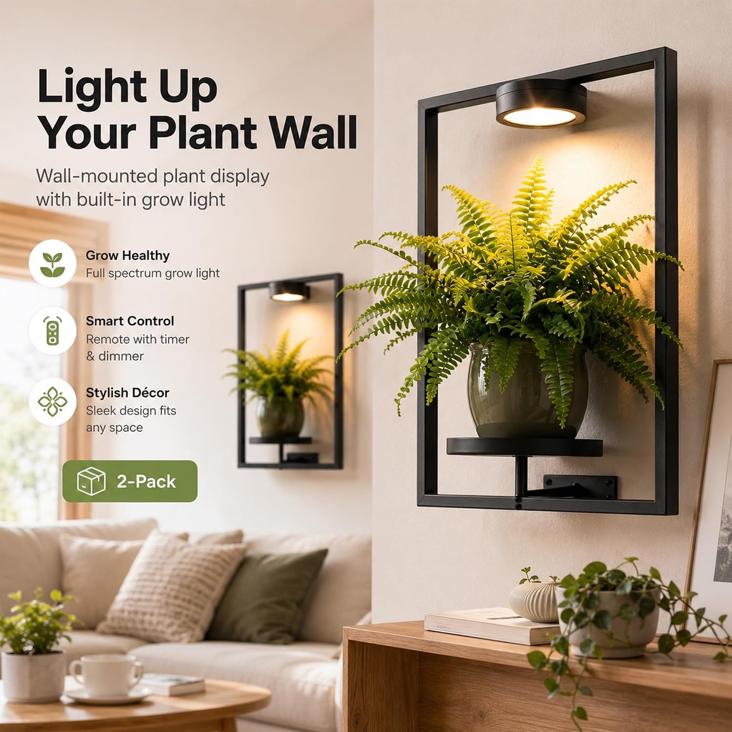 2 Pack Plant Wall Shelf with Grow Light, Wall Mounted Indoor Plant Shelf | Rechargeable Cordless Magnetic Grow Light