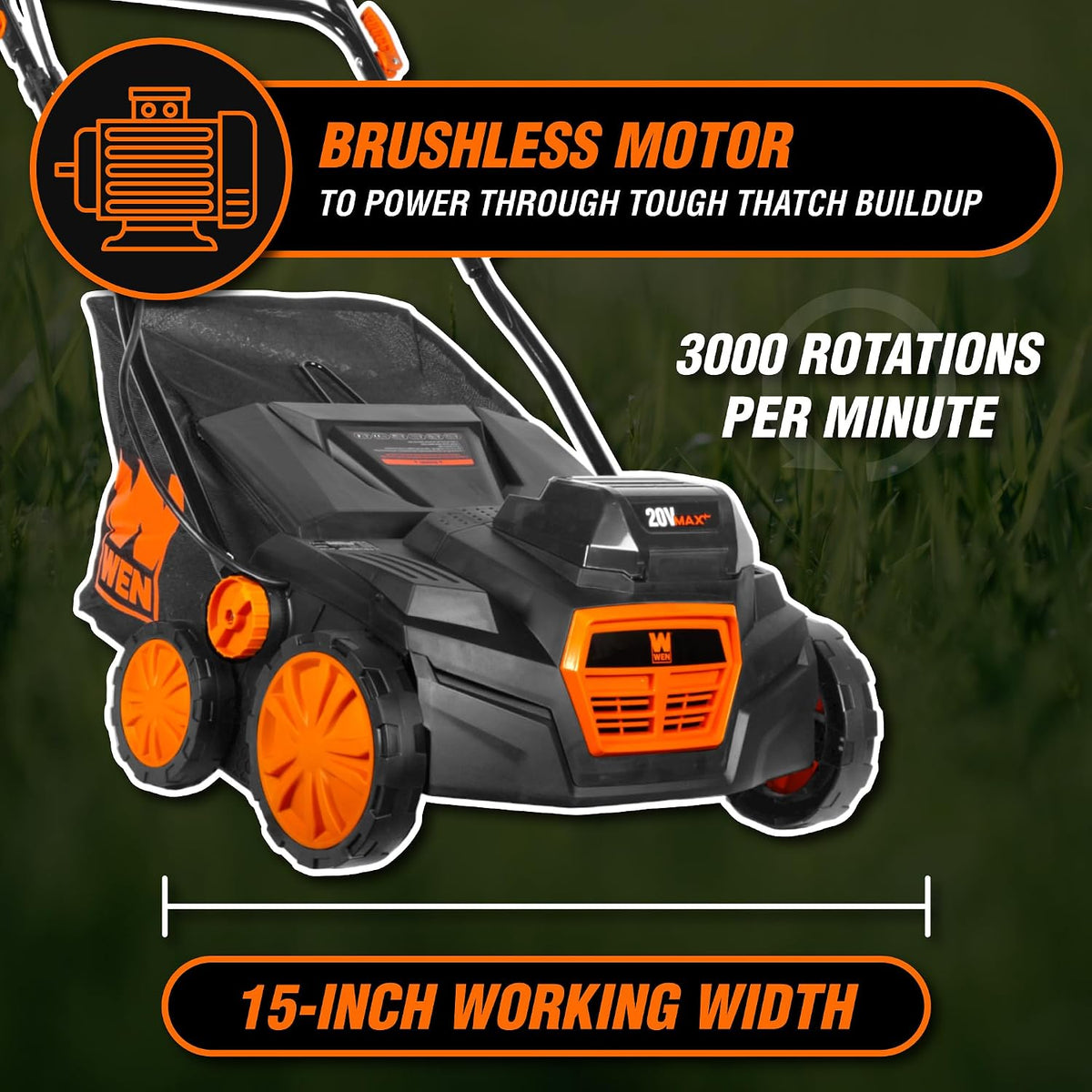 WEN 20V Max Cordless 15-Inch 2-in-1 Brushless Electric Dethatcher and Scarifier with Collection Bag, Two 4.0 Ah