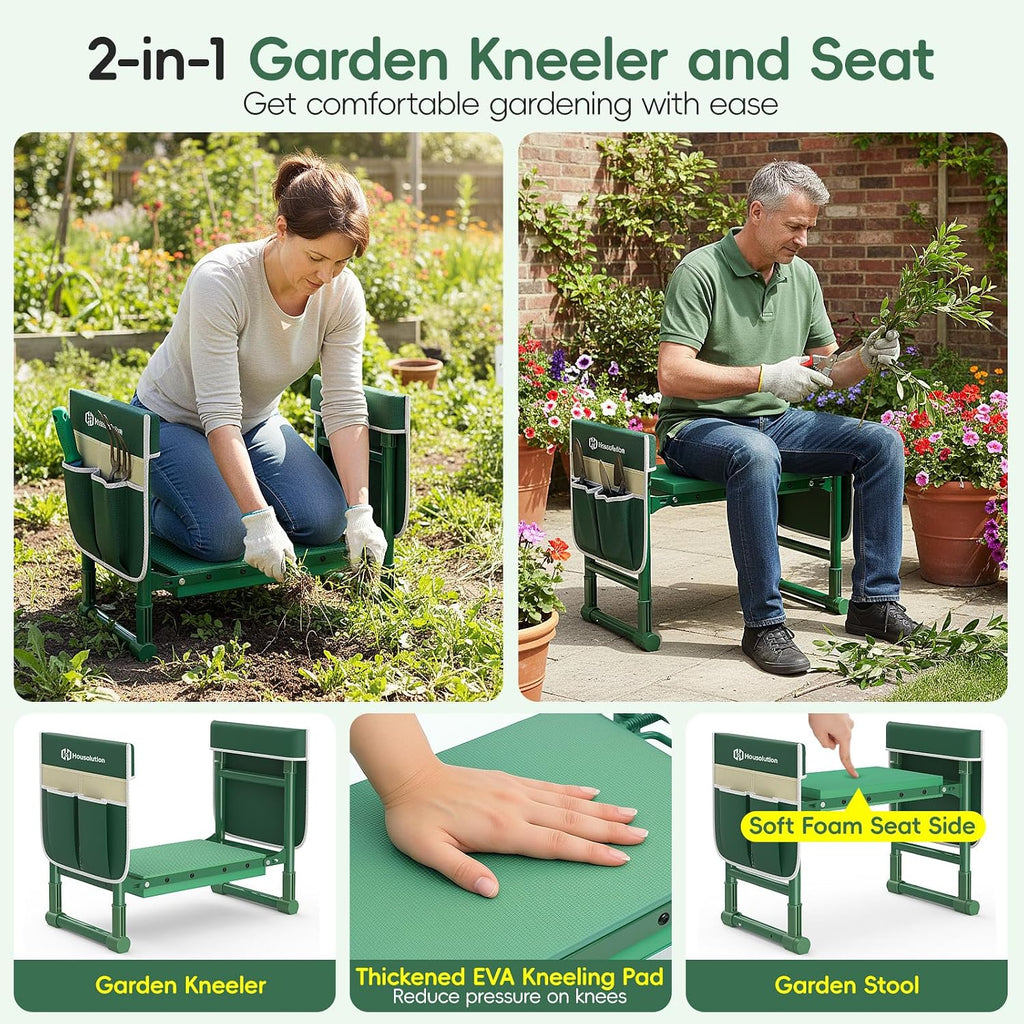 Housolution Garden Kneeler and Seat with Anti-Tipping Extendable Legs | Foldable and Portable Garden Stool with 2 Tool