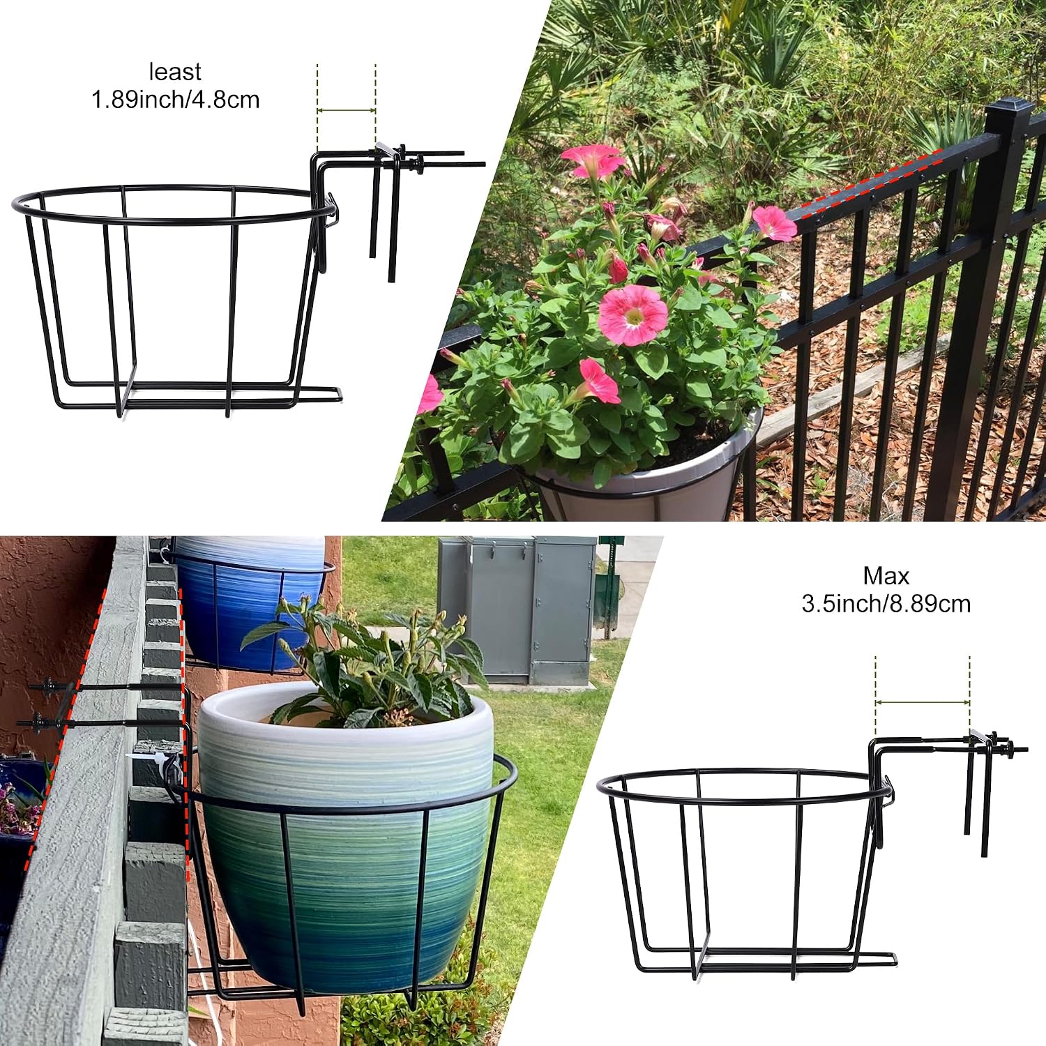 TQVAI Adjustable Hanging Railing Planter for 1.89 to 3.5 Inches Railings - Outdoor Balcony Deck Flower Pot Holder