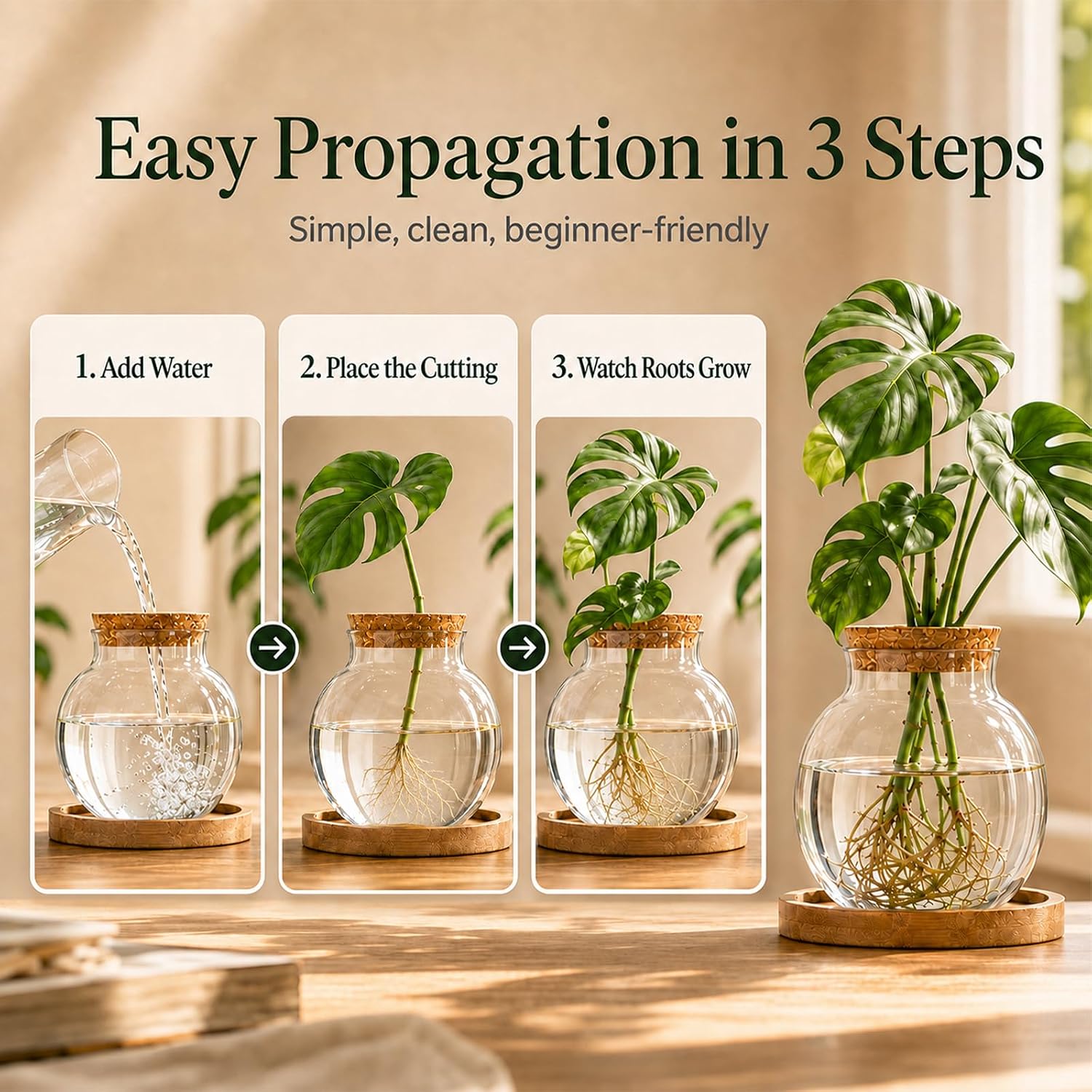 6 Pcs Plant Propagation Station Set, Glass Propagation Vases with Wooden Lids and Bamboo Bases, Plant Propagation Jars