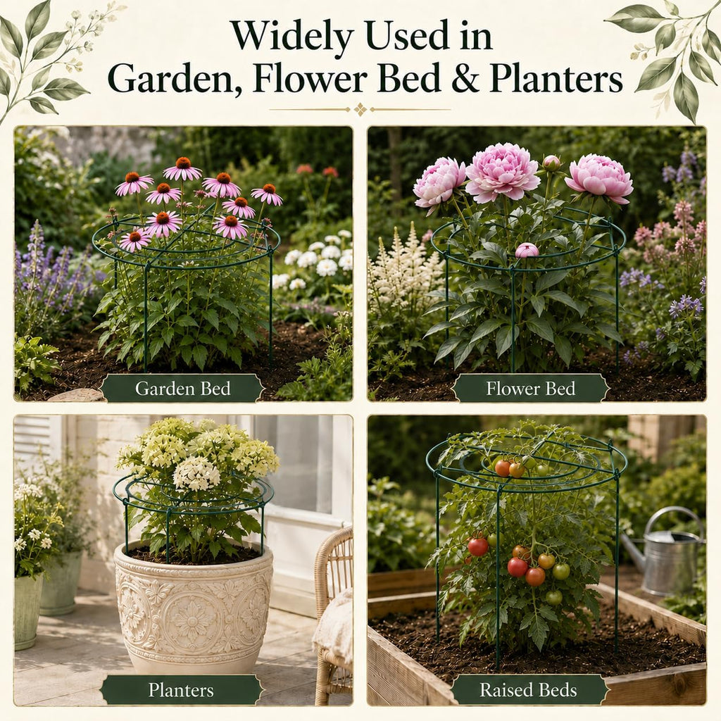 7 Pack Peony Cages and Supports, 13.8" D x 23.6" H Grow Through Plant Supports for Outdoor Plants, 4-Leg Metal Flower