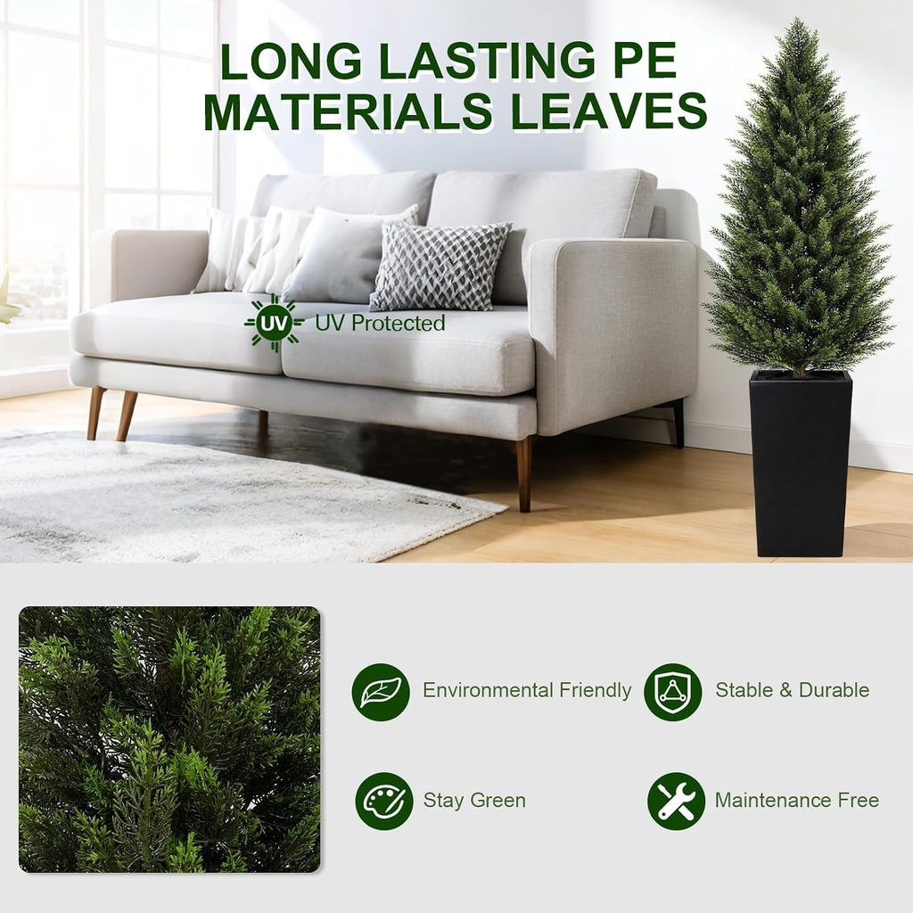 VIVATREES 4FT Artificial Cedar Topiary Trees 2 Pack, Realistic Faux Cypress Trees with Square Black Planter Pot, UV