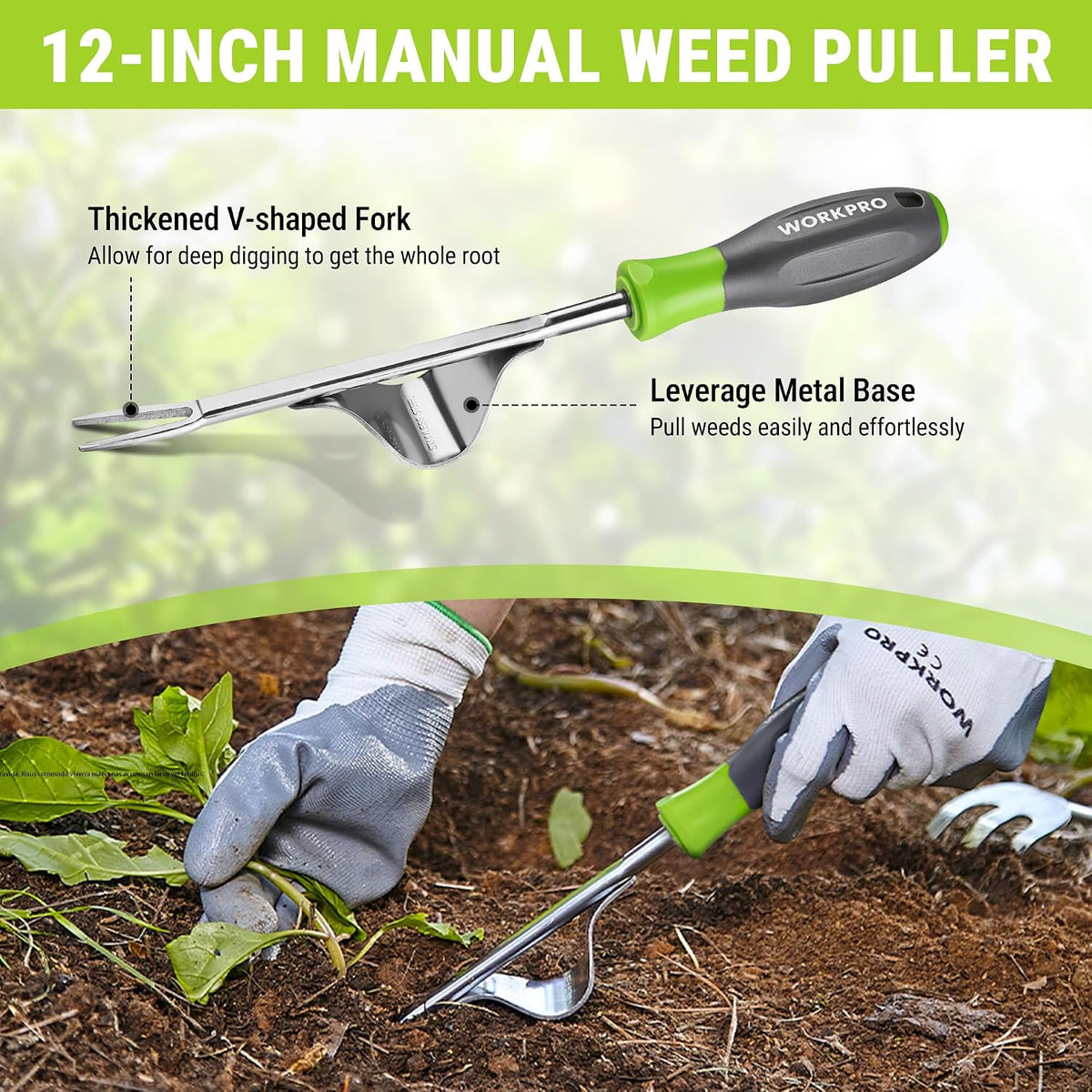WORKPRO 3-Piece Weed Puller Tool Set | 15" 6-Tine Weed Remover, 12" Hand Weeder, 12.5" Crack Weeder, Stainless Steel