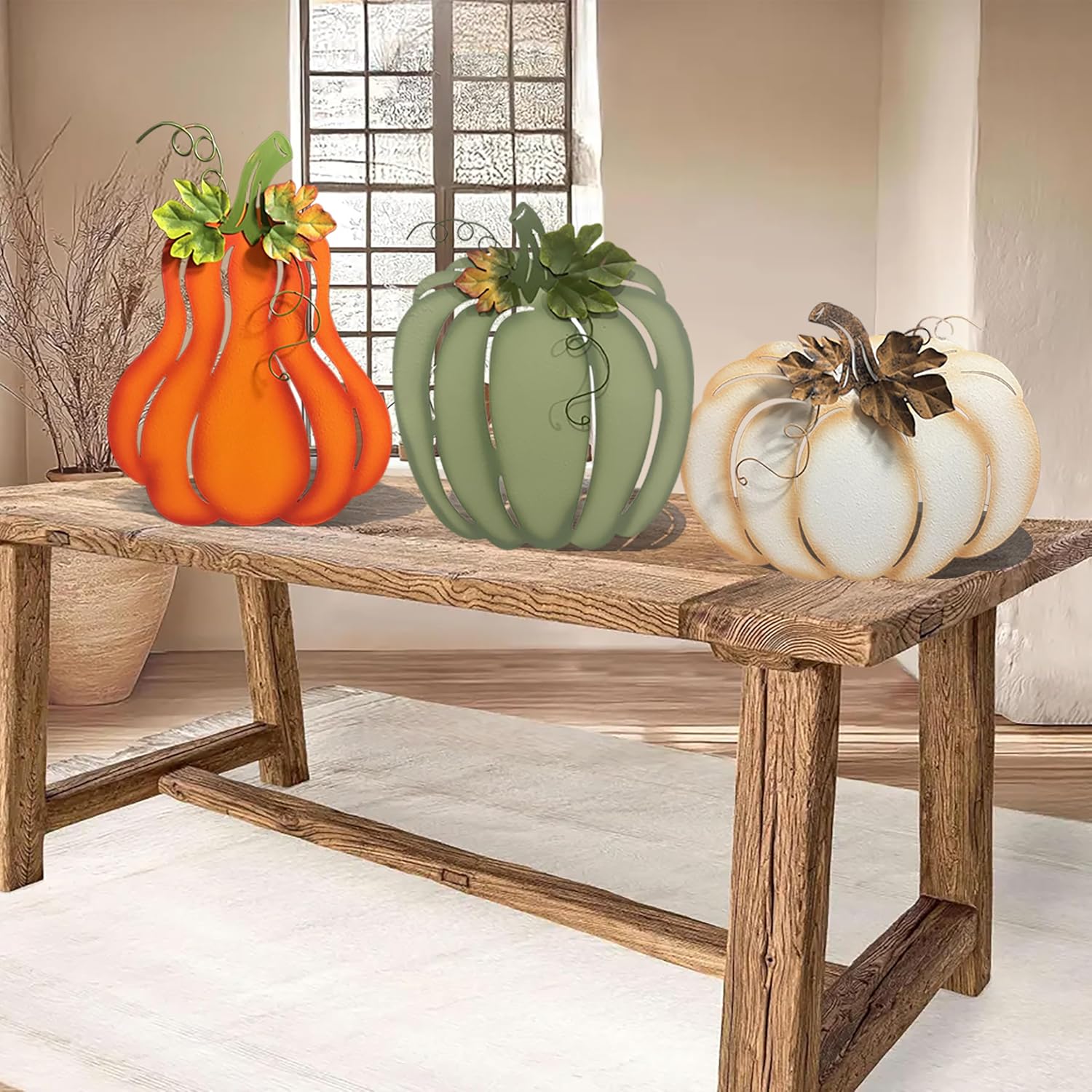 Fall Harvest Metal Pumpkin Garden Stakes, Set of 3, Orange White Green, Autumn Yard Decor