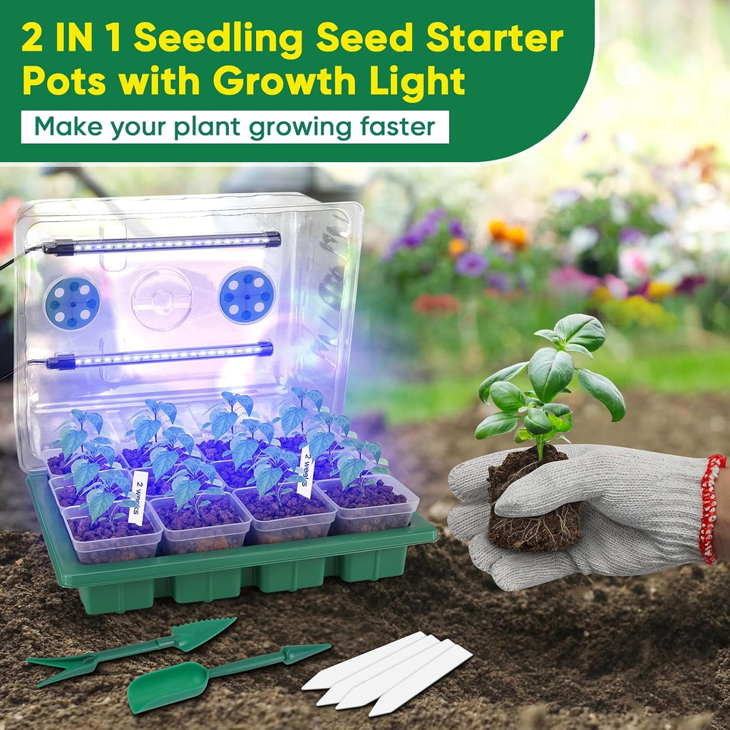 Seed Starter Tray with Grow Light, 24 Pack Large Clear Nursery Pots | 2.9" Deep Seedling Trays, Reusable Plant Starter