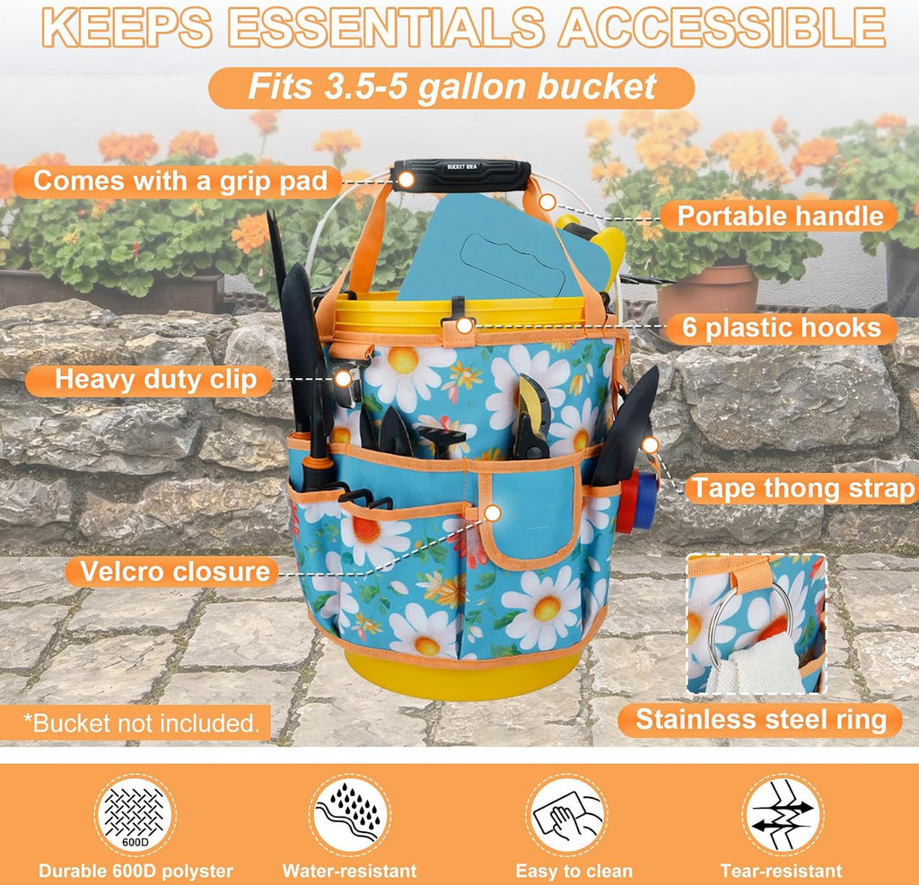 KUNN 5 Gallon Garden Bucket Tool Organizer & Kneeling Pad Set, 18-Pocket Heavy Duty Garden Caddy with Hangable Handle