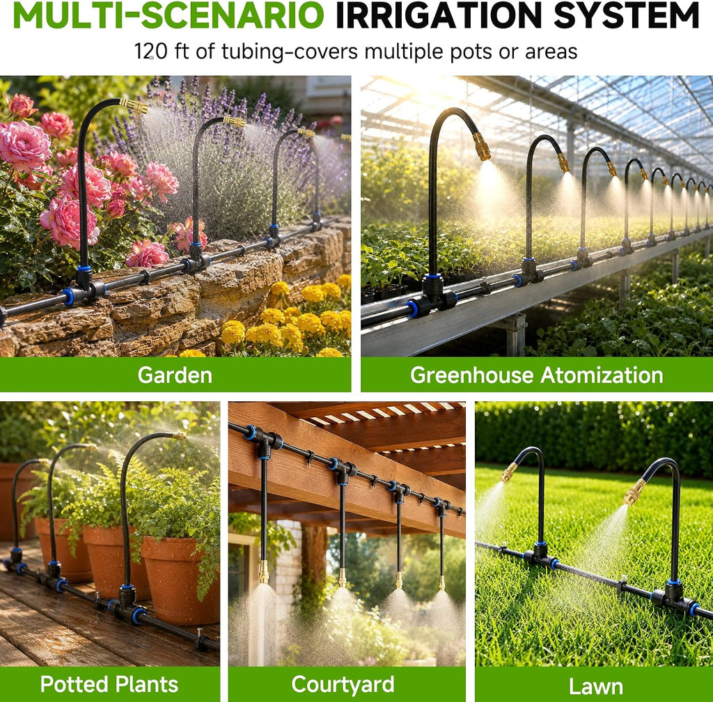 120FT Drip Irrigation System for Garden, 360° Bendable Garden Watering Kit