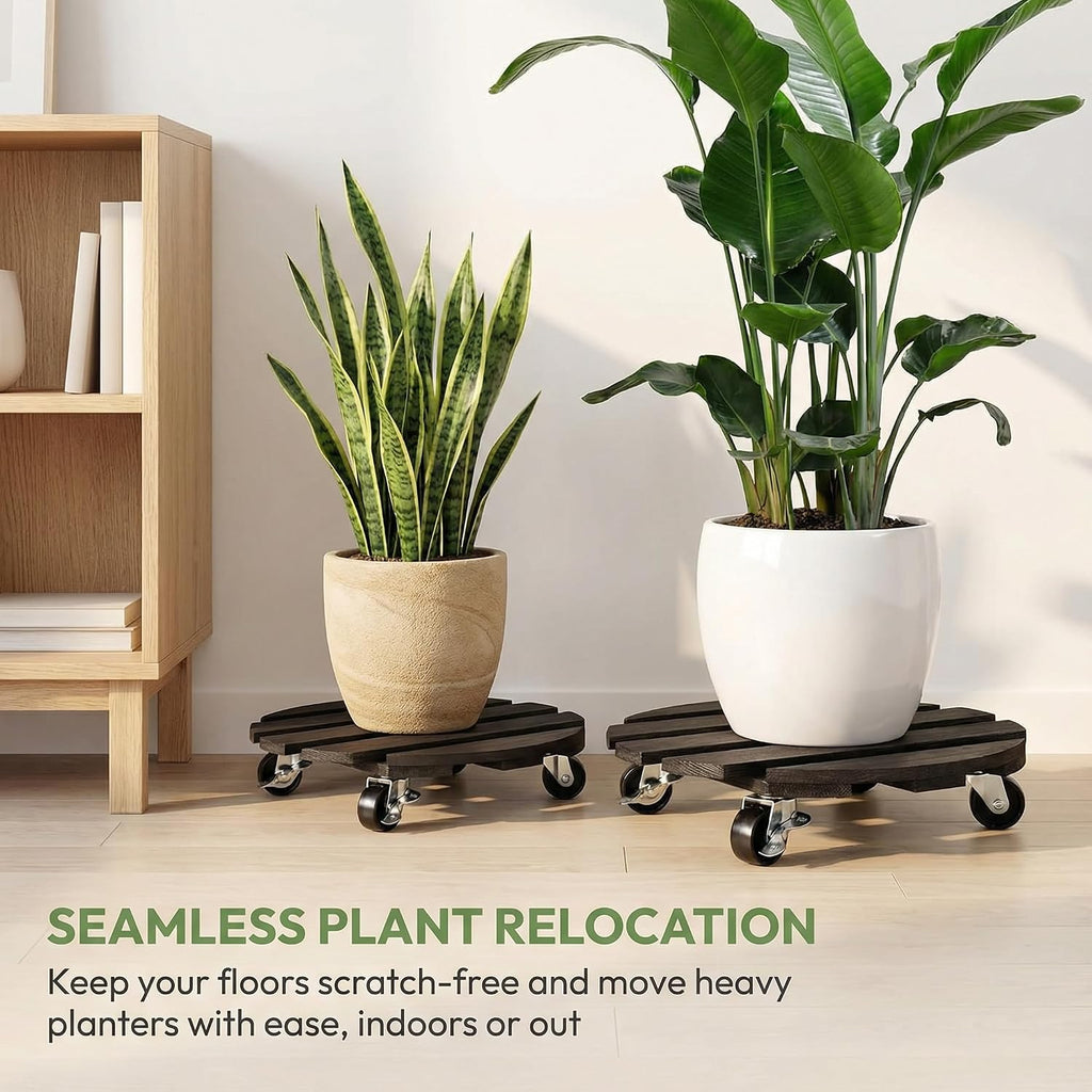 Plant Caddy with Wheels, 12 Inch Rolling Plant Stand, 2 Pack, Black | Heavy Duty Wooden Plant Dolly with Locking