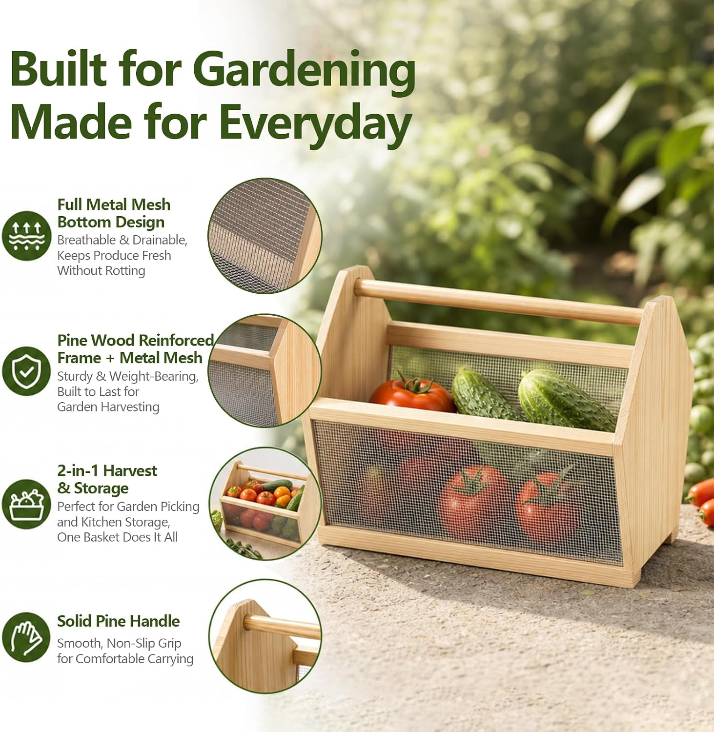 Garden Basket, Wood Harvest Basket with Wire Mesh, 12x7.5x10″ | Solid wood, rust-proof wire mesh, for gathering fruits