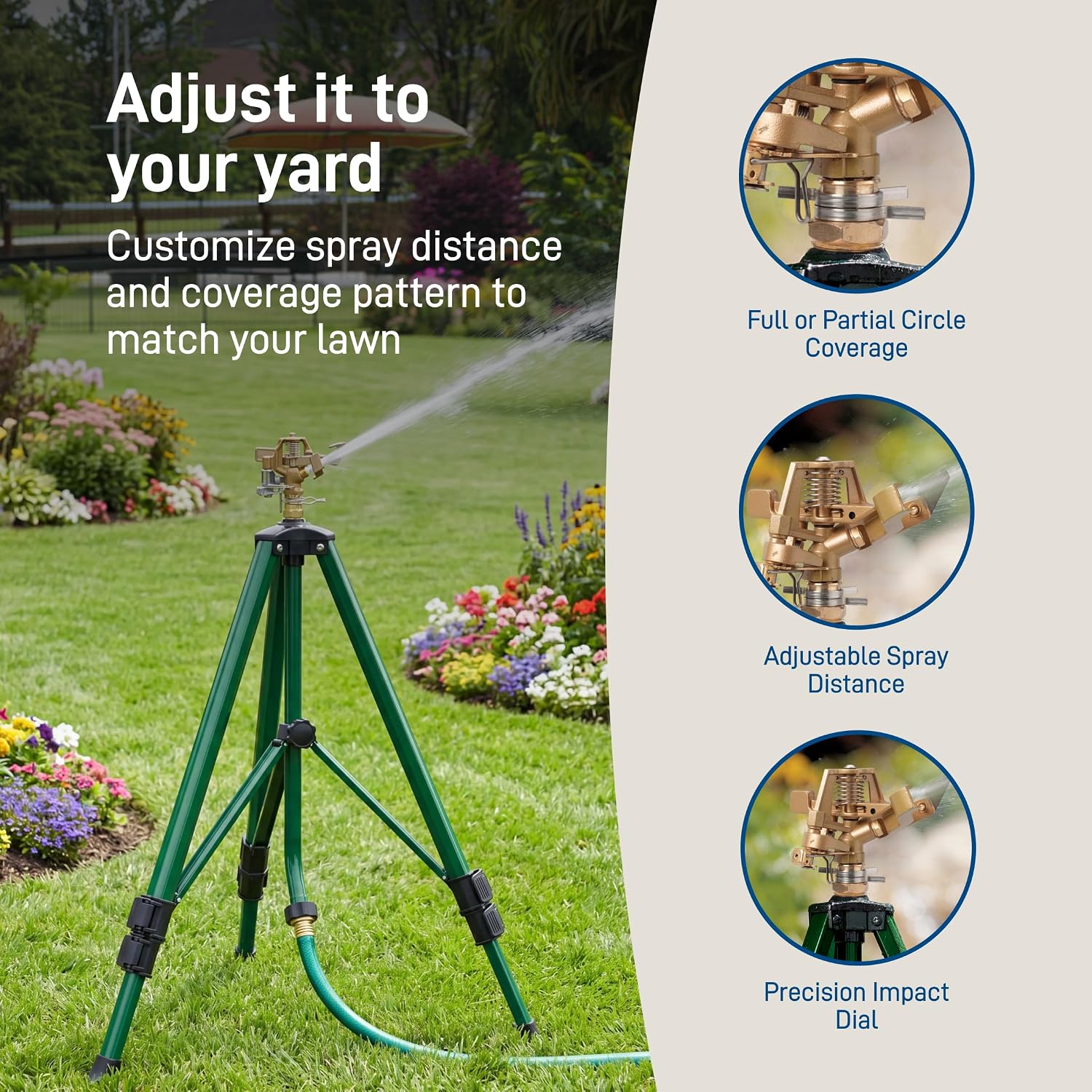 Orbit 1/2 Inch Brass Impact Sprinkler - Adjustable Metal Tripod - Long Range Lawn Watering System - 360 Degree Rotating