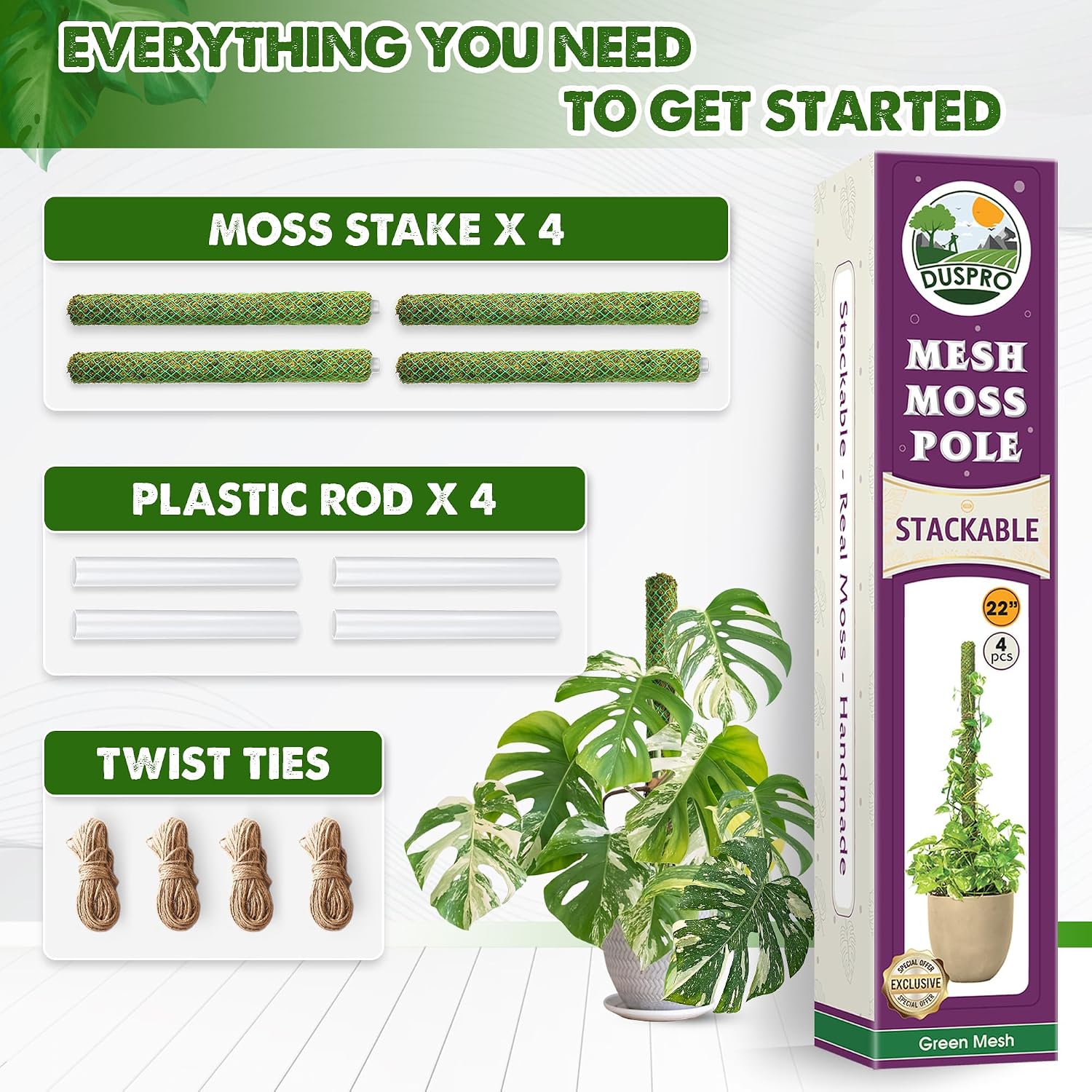 4 Pack 22" Green Stackable Mesh Moss Pole for Plants | Extendable Up to 71", Natural Forest Moss Pole Monstera Plant