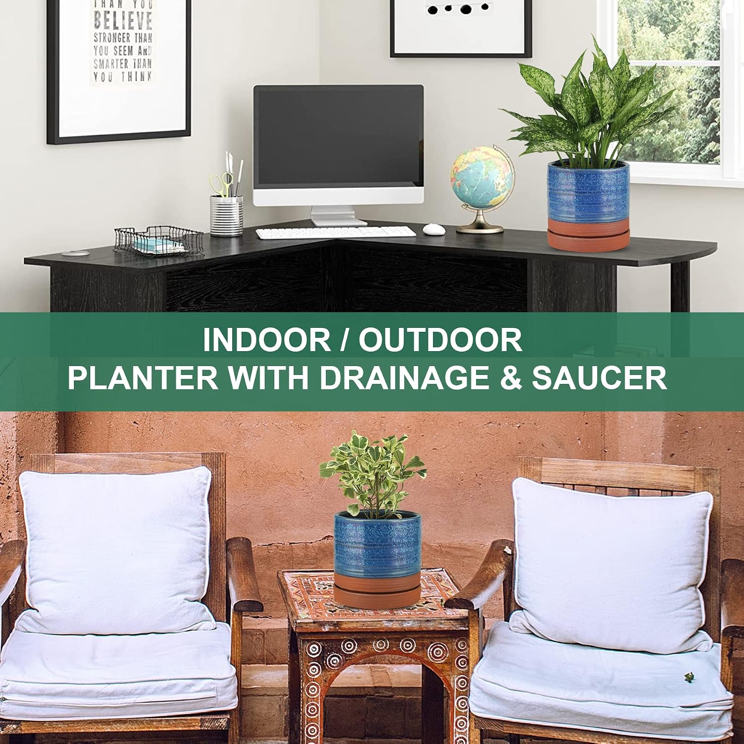 HERDUK 6 Inch Plant Pots, Ceramic Planter Pot with Drainage Hole & Saucer, Indoor/Outdoor Cylinder Round Planter Pot