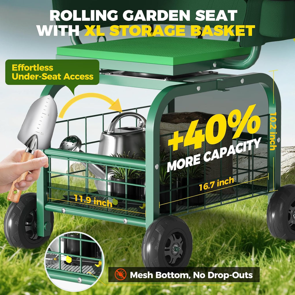 Suntee Garden Seat with Wheels, Rolling Gardening Stool with 360° Swivel Seat & Backrest,Tool Storage Basket & Back