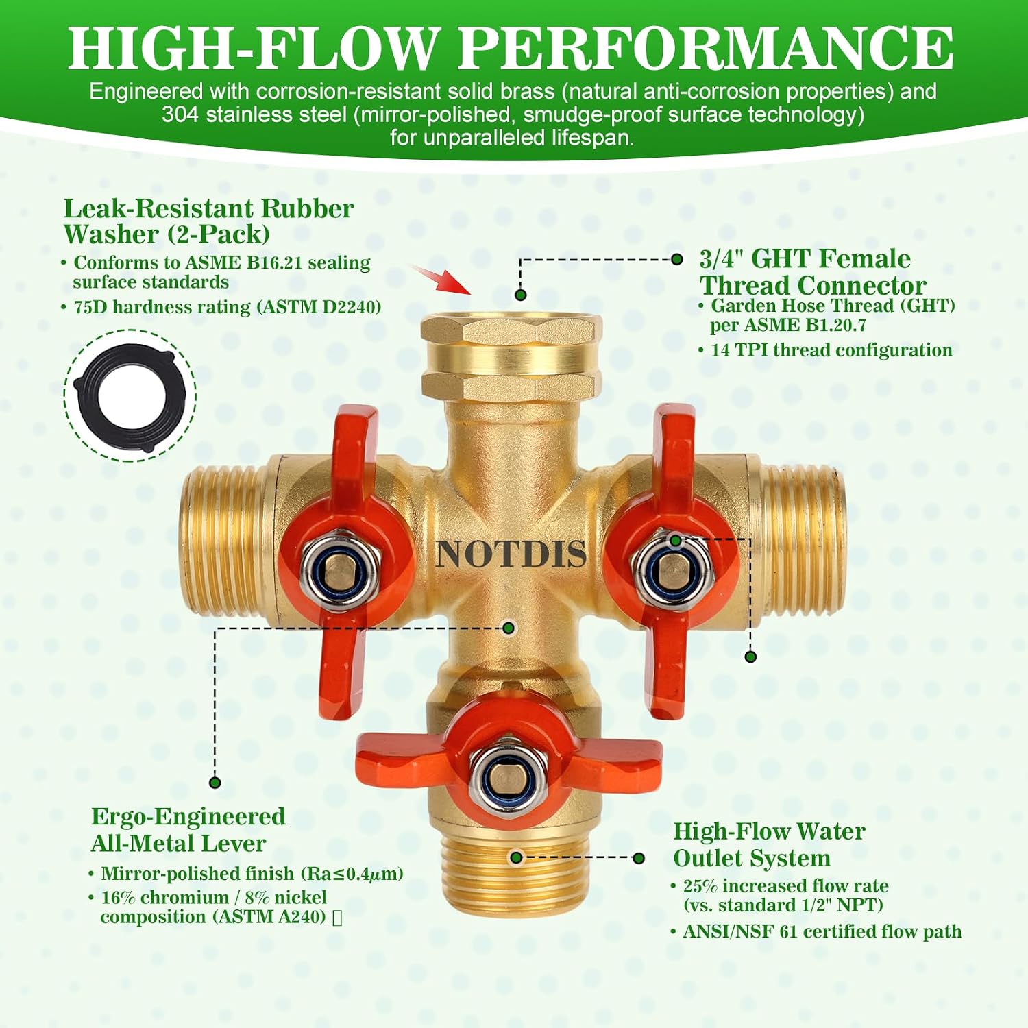 3 Way Hose Splitter, Solid Brass High Volume 3 Way Hose Splitter Valve with Metal Handle, Heavy Duty High Flow Spigot
