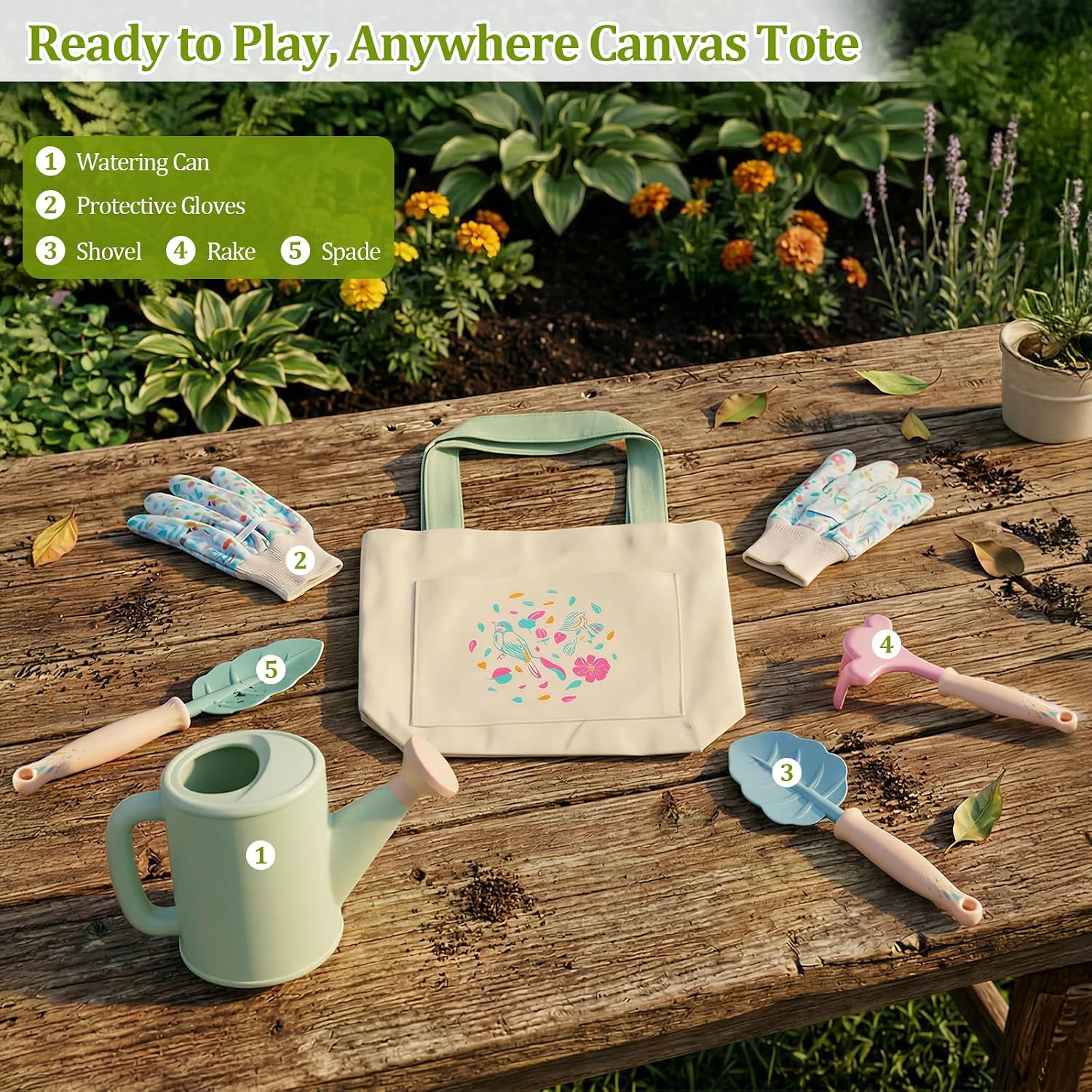 FITNATE Kids Gardening Tools Set 6PCS | with Watering Can, 3 Garden Tools, Gloves & Tote Bag, Perfect for Garden