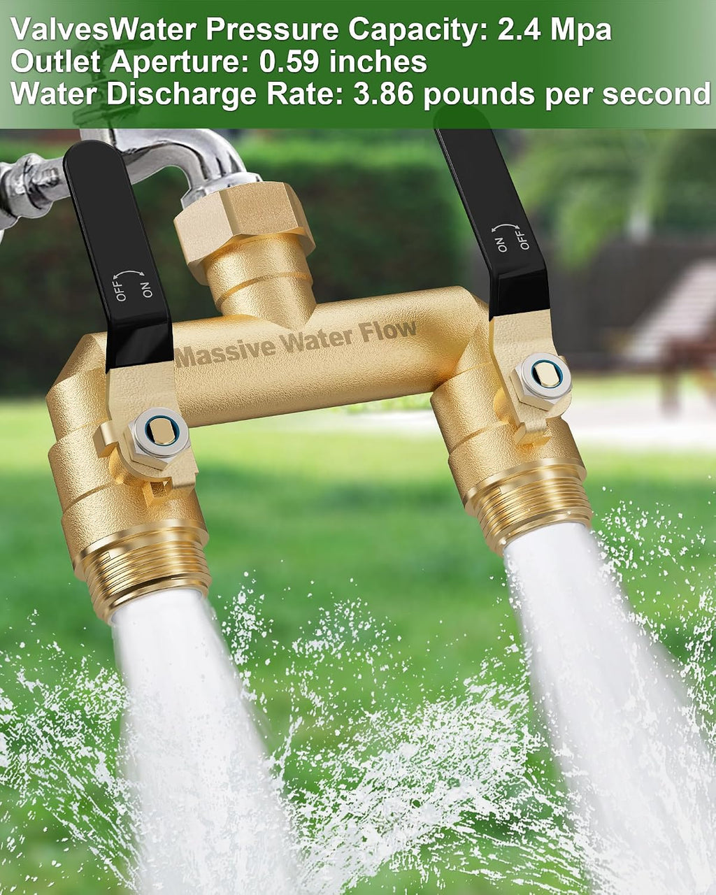 Hose Splitter 2 Way Heavy Duty, Full Flow Garden Hose Splitter with 2 Long Metal Handles, Brass Rust and Freeze