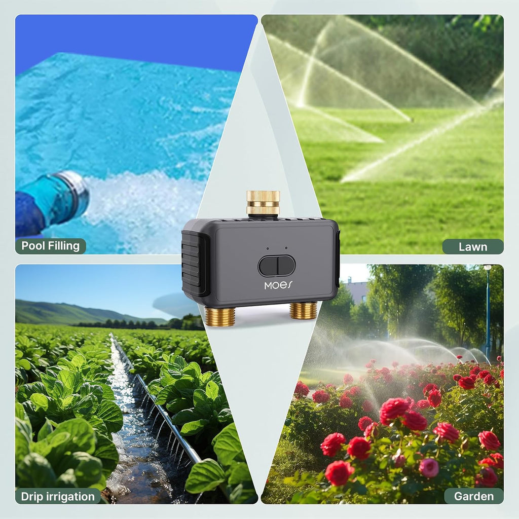 MOES WiFi Sprinkler Timer 2 Zone with BLE Hub, Brass Inlet & Outlet, Grey | Programmable Smart Watering System for