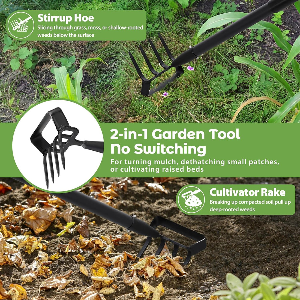 Garden Hoe,2 in 1 Heavy Duty Stirrup Hoe and Cultivator Gardening Tool Set with 62 inch Long Handle,Lightweight Hoes